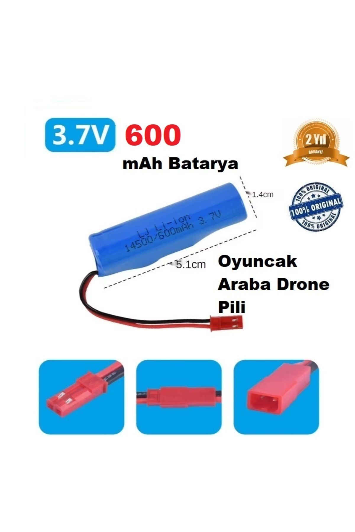 Day 600 Mah Li-on 3.7v Kırmızı Soket Drone Pili Oyuncak Araba Pili 14500