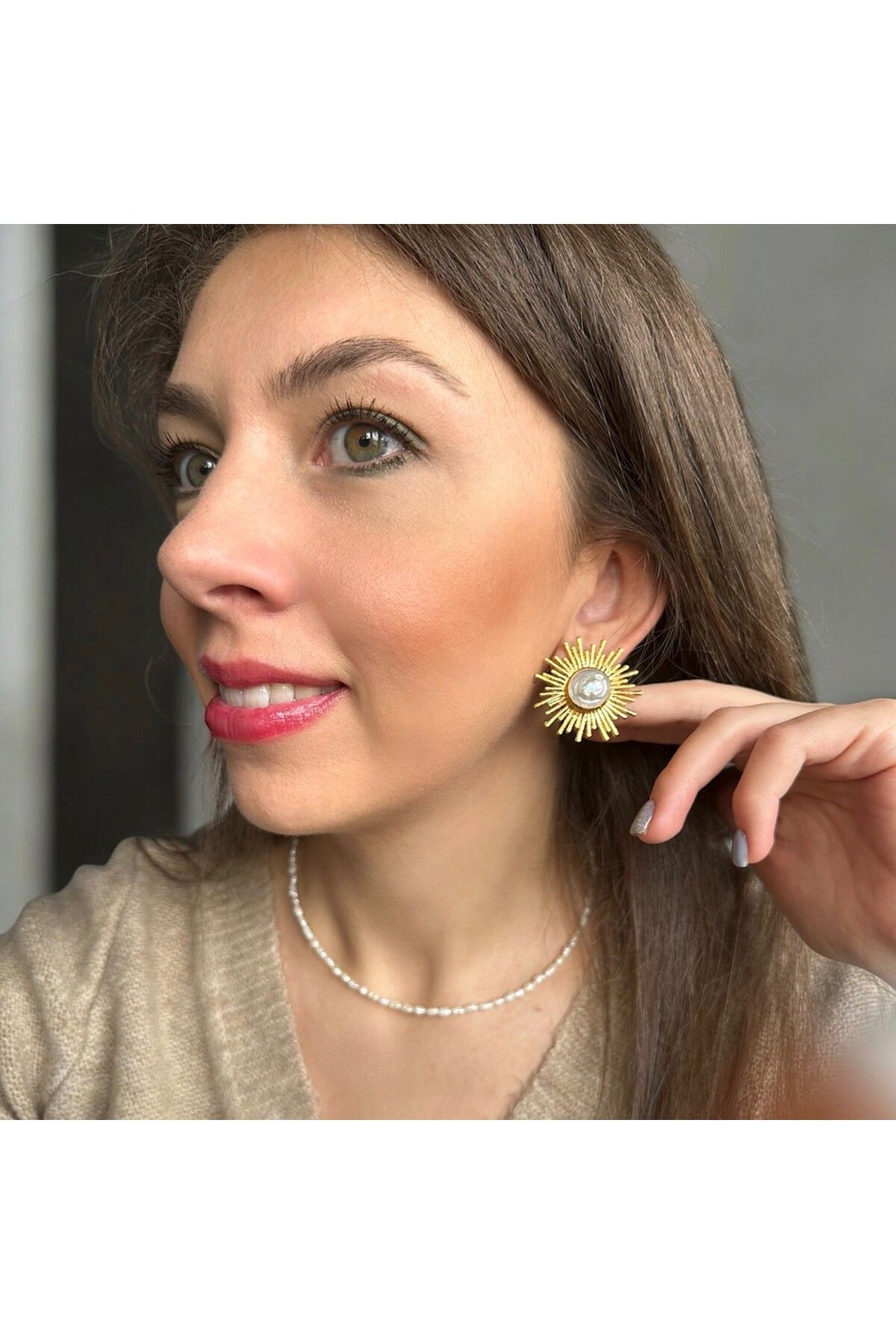 Jewstone Accessories Güneş Model İnci Küpe