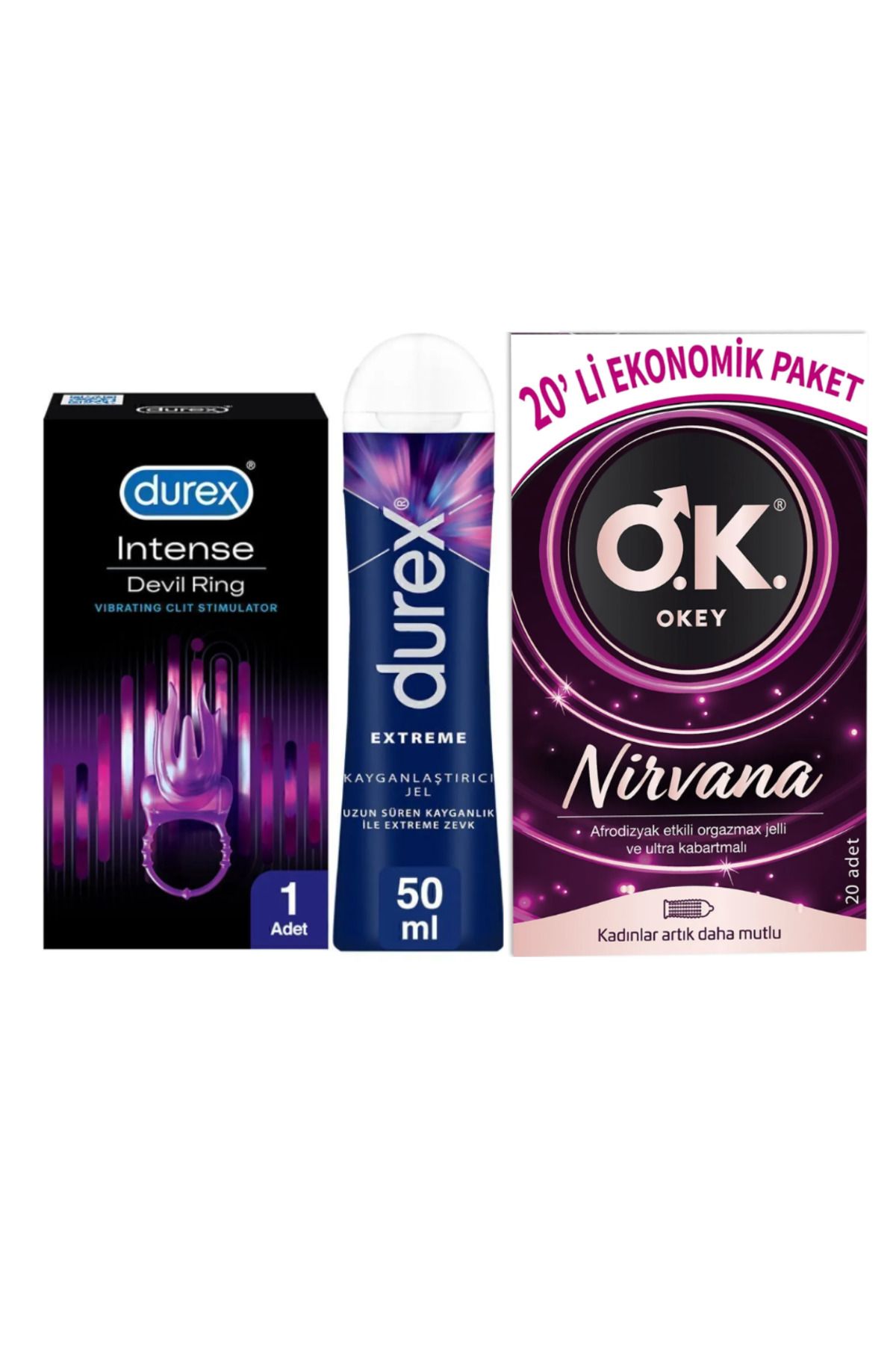 Durex Devil Ring Titreşimli Halka + Durex Extreme Jel 50ml +Nirvana 20 li Prezervatif