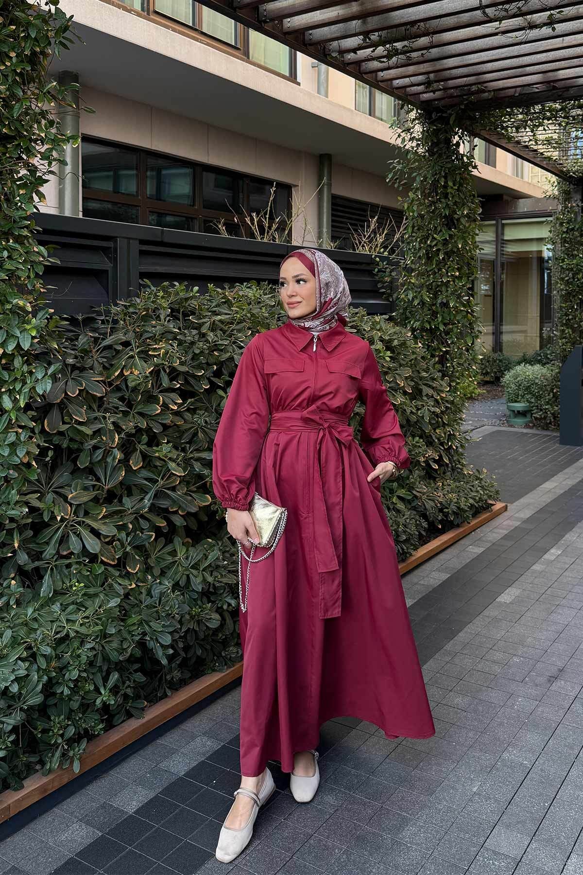 Melike Tatar-Claret Red Belted Dress 32-3517 1