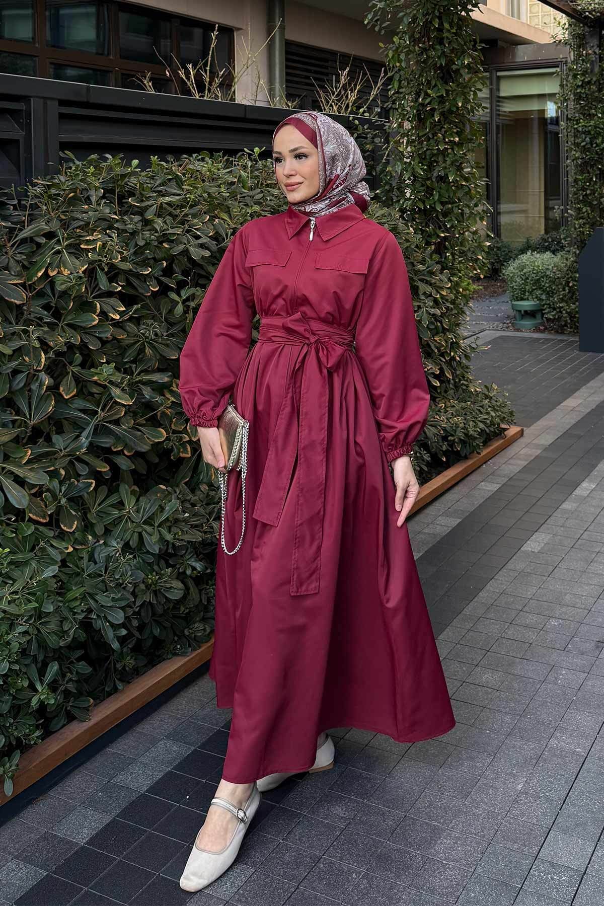 Melike Tatar-Claret Red Belted Dress 32-3517 5