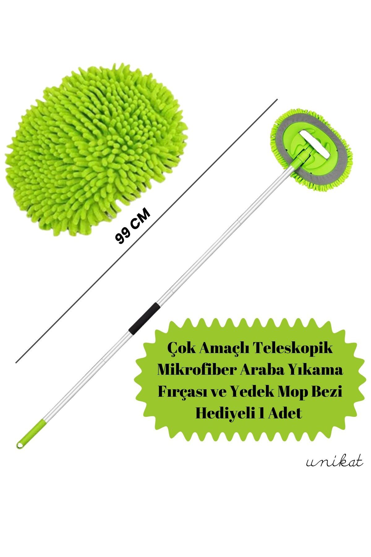 UNIKAT Çok Amaçlı Teleskopik Mikrofiber Araba Yıkama Fırçası Yedek Mop Bezli 1 Adet –  Yeşil