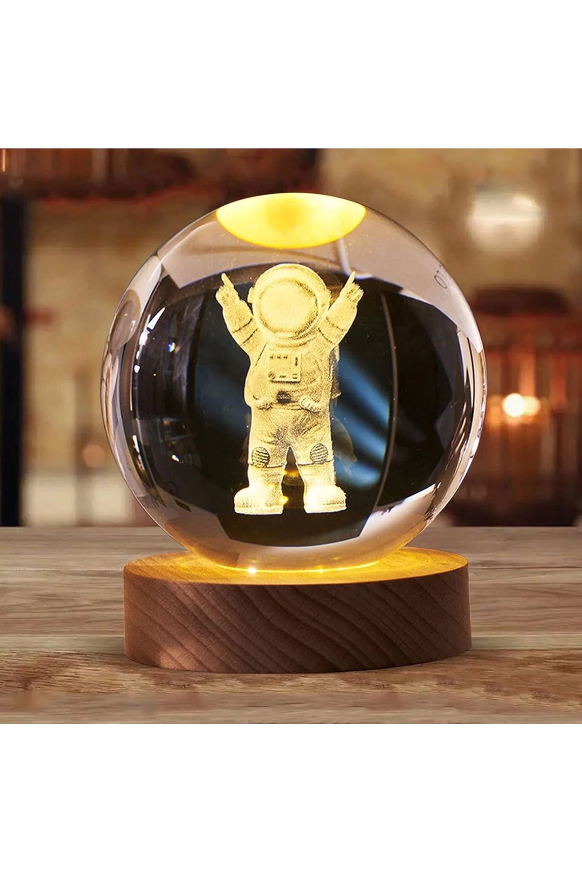 Ayaz World Dekoratif Astronot Tasarımlı Ahşap Altlıklı Işıklı Cam Küre Cam:6cm Ahşap: - AYZ3148-6280