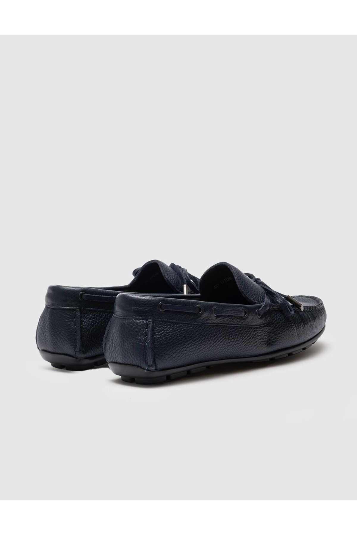 Cabani-Genuine Leather Navy Blue Men's Loafer Shoes with Bow Detail 3