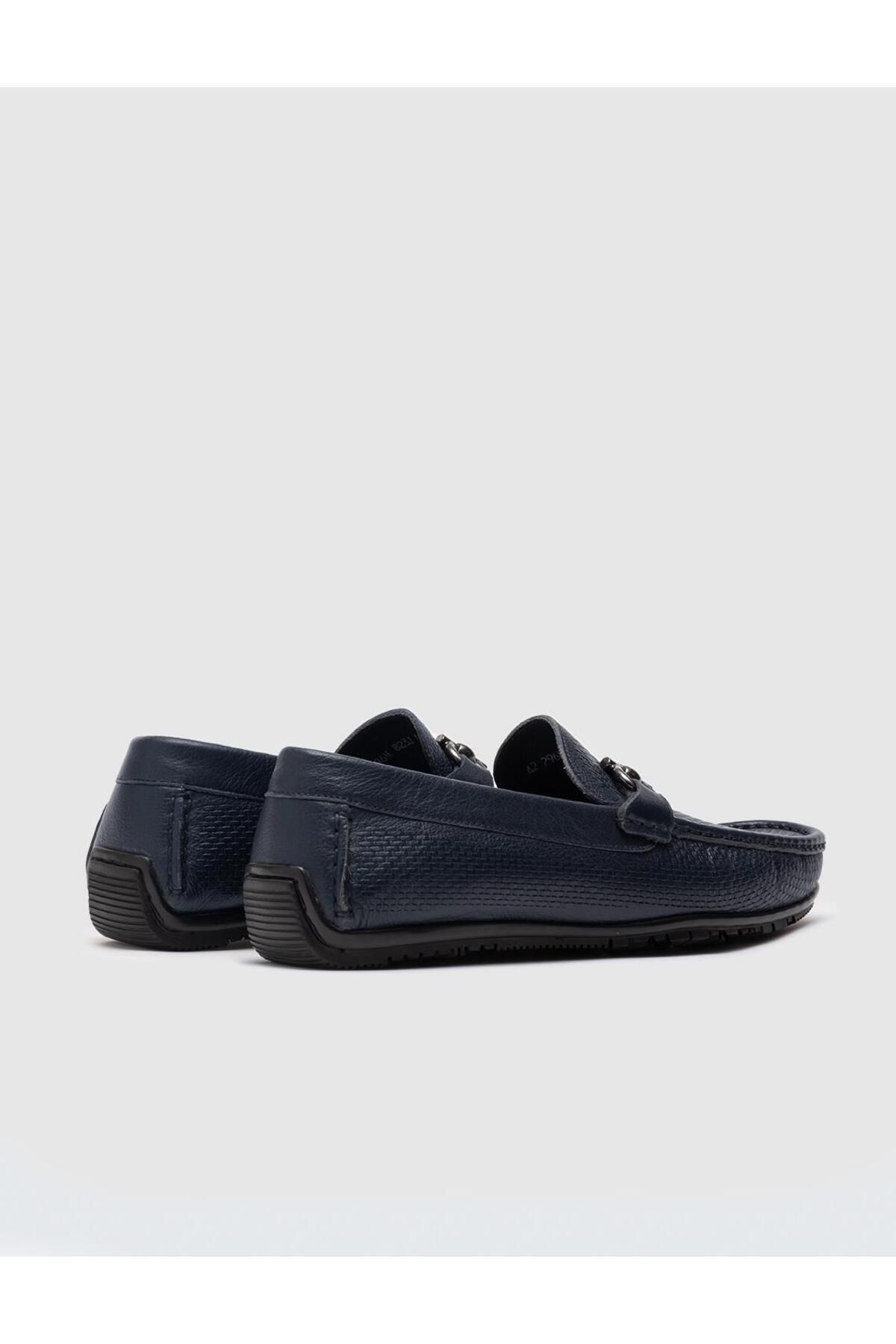 Cabani-Genuine Leather Buckle Detailed Navy Blue Men's Loafer 3