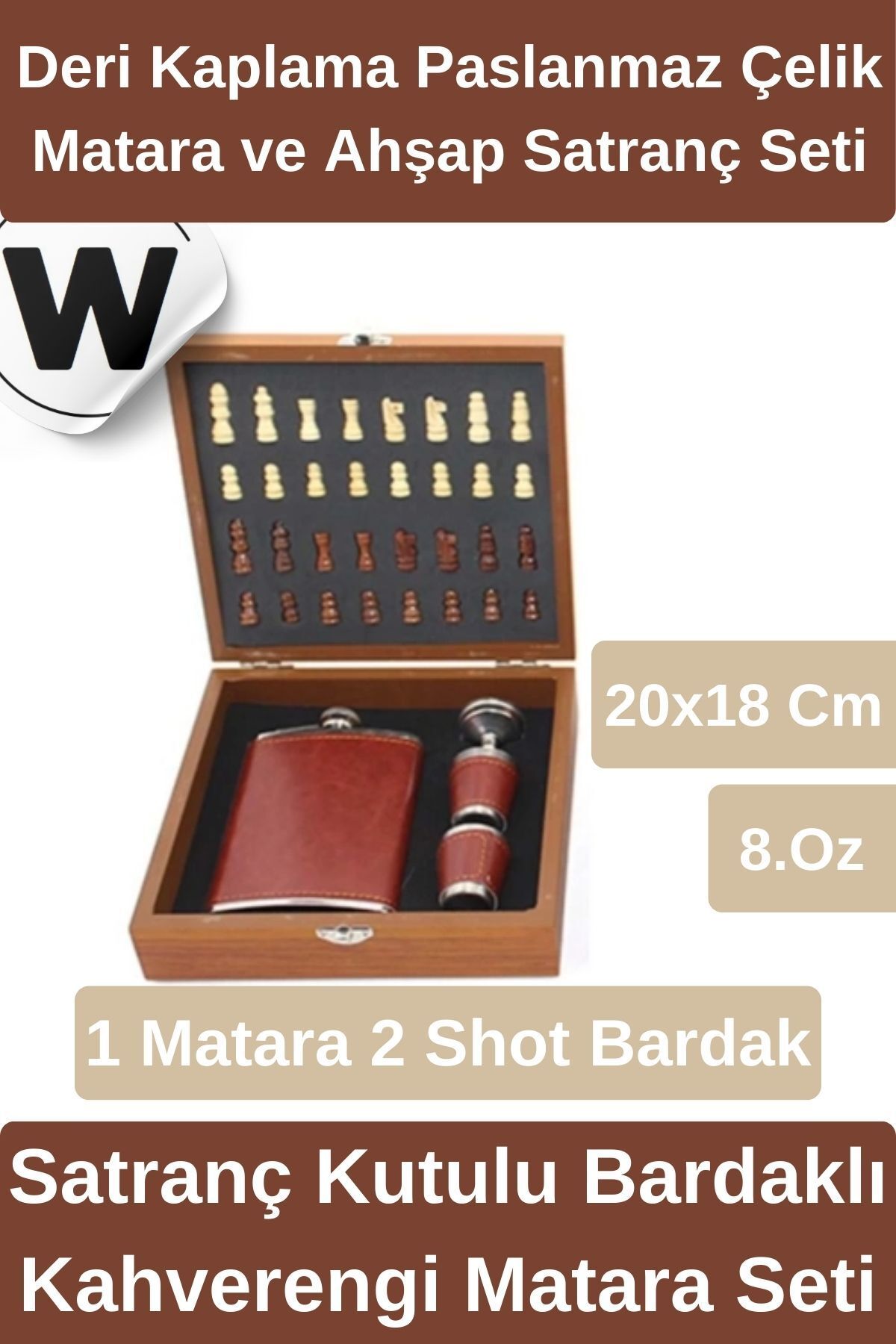 Wonara Premium Ahşap Mini Satranç Kutulu Set ve 2 Shot Bardaklı Deri Kaplama Paslanmaz Çelik Matara Seti