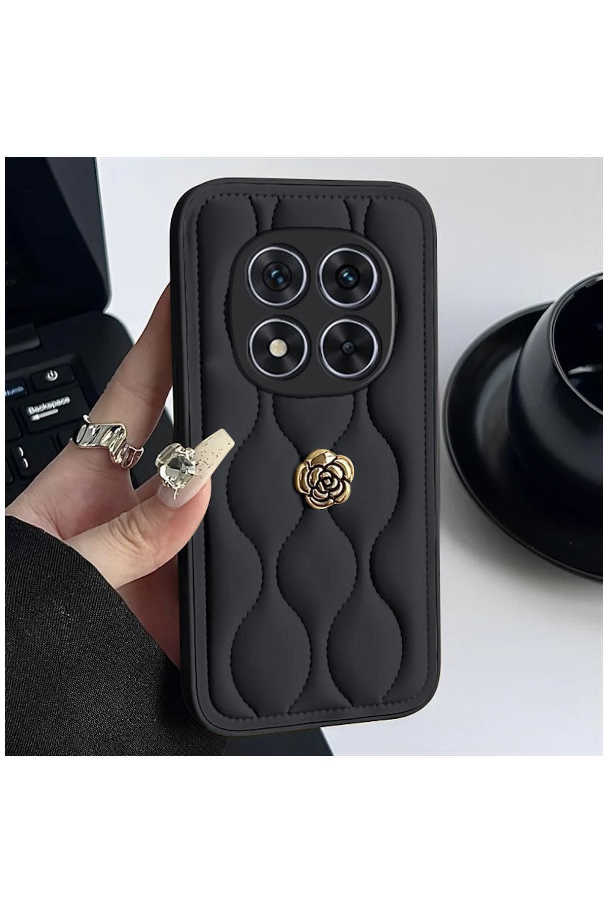 Pro Aksesuar Xiaomi Redmi Note 14 Pro Uyumlu Kılıf Çiçekli Dalgalı Deri Kılıf Siyah