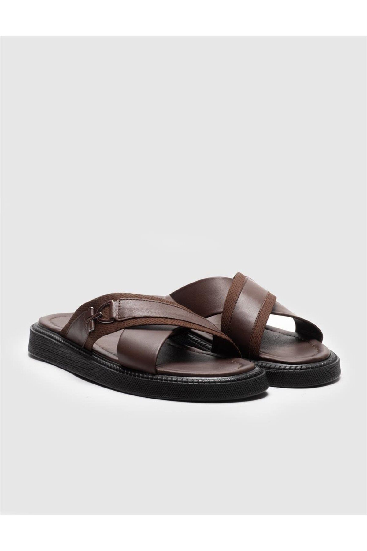 Cabani-Genuine Leather Brown Belted Men's Casual Slippers 2