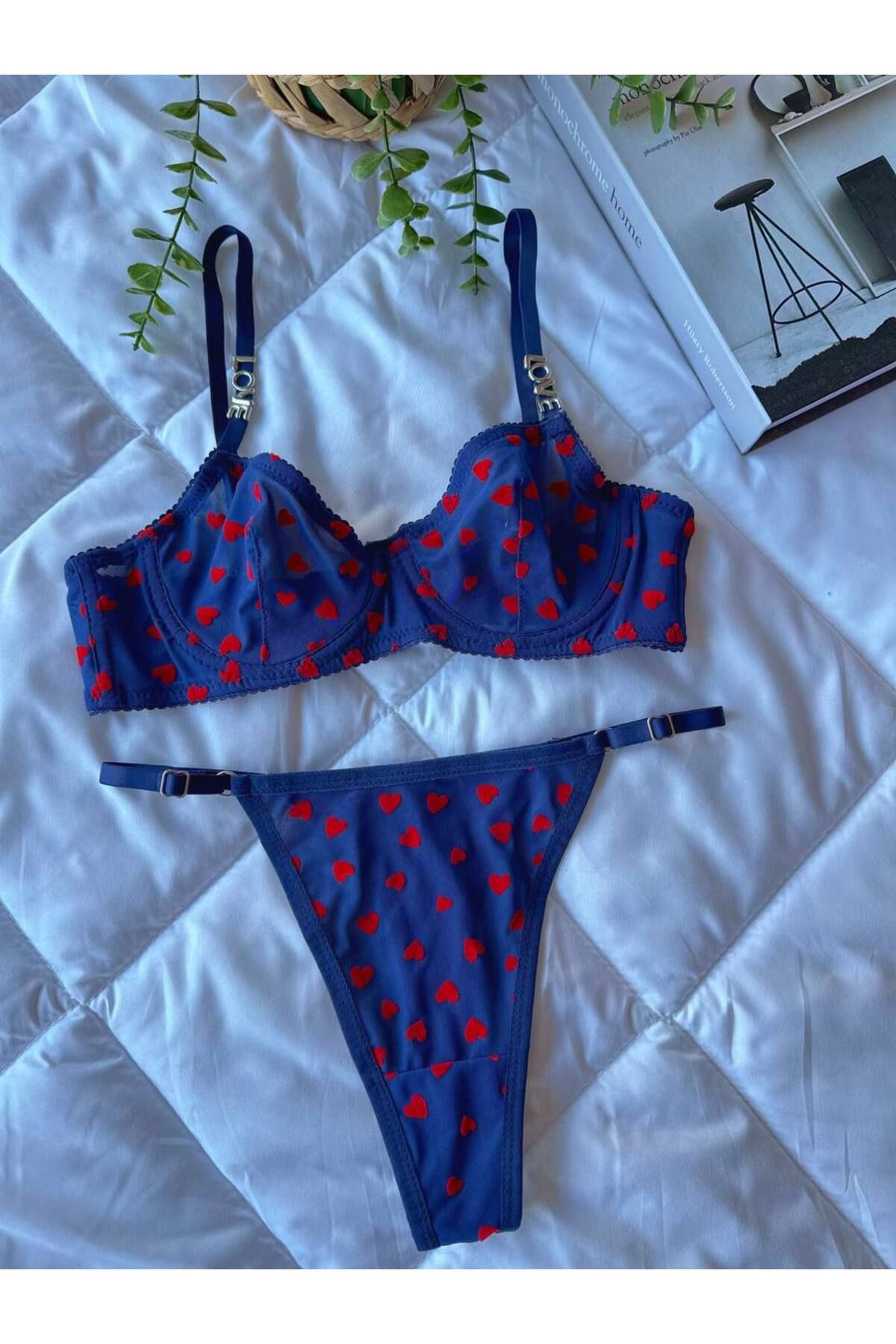 arona lingerie Lacivert Kırmızı Kalpli Love Sütyen Takım