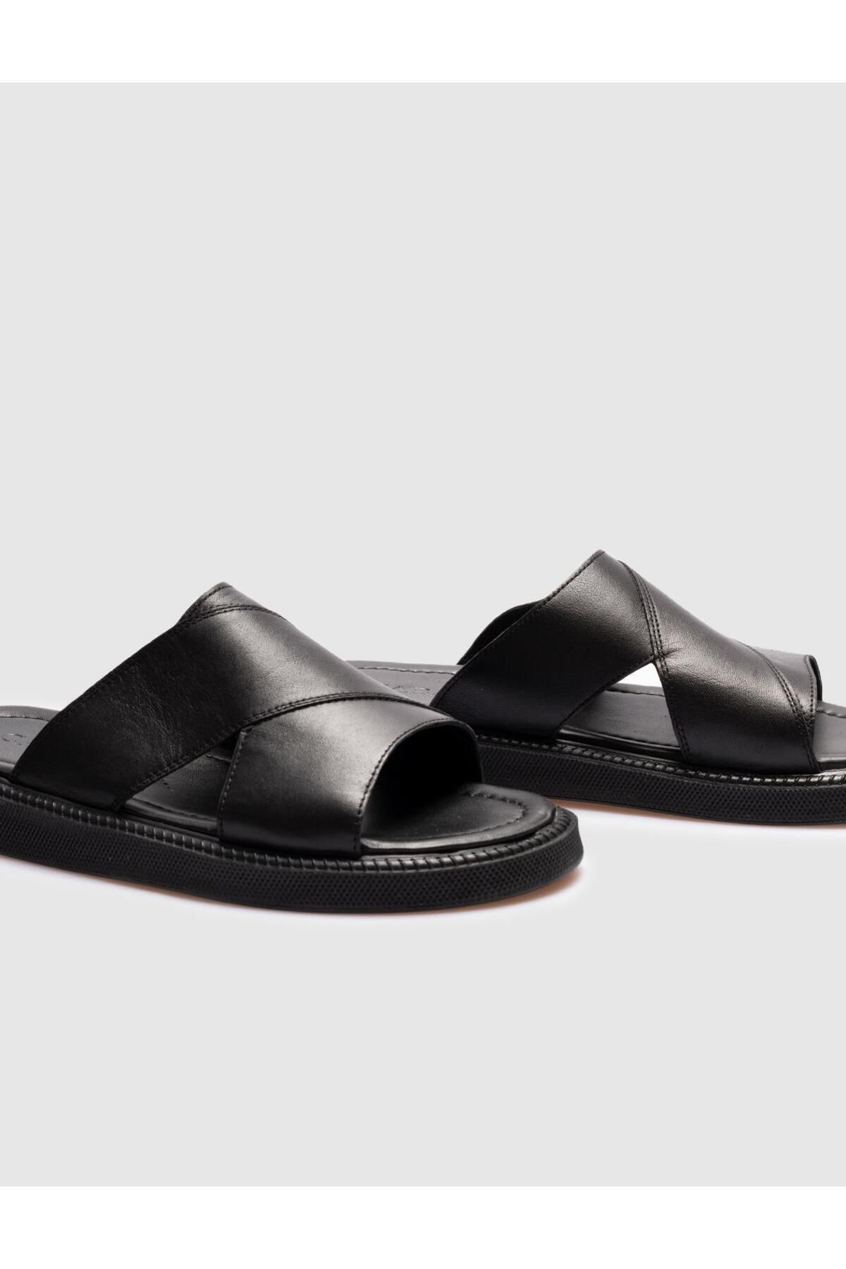 Cabani-Black Genuine Leather Men's Casual Slippers 4