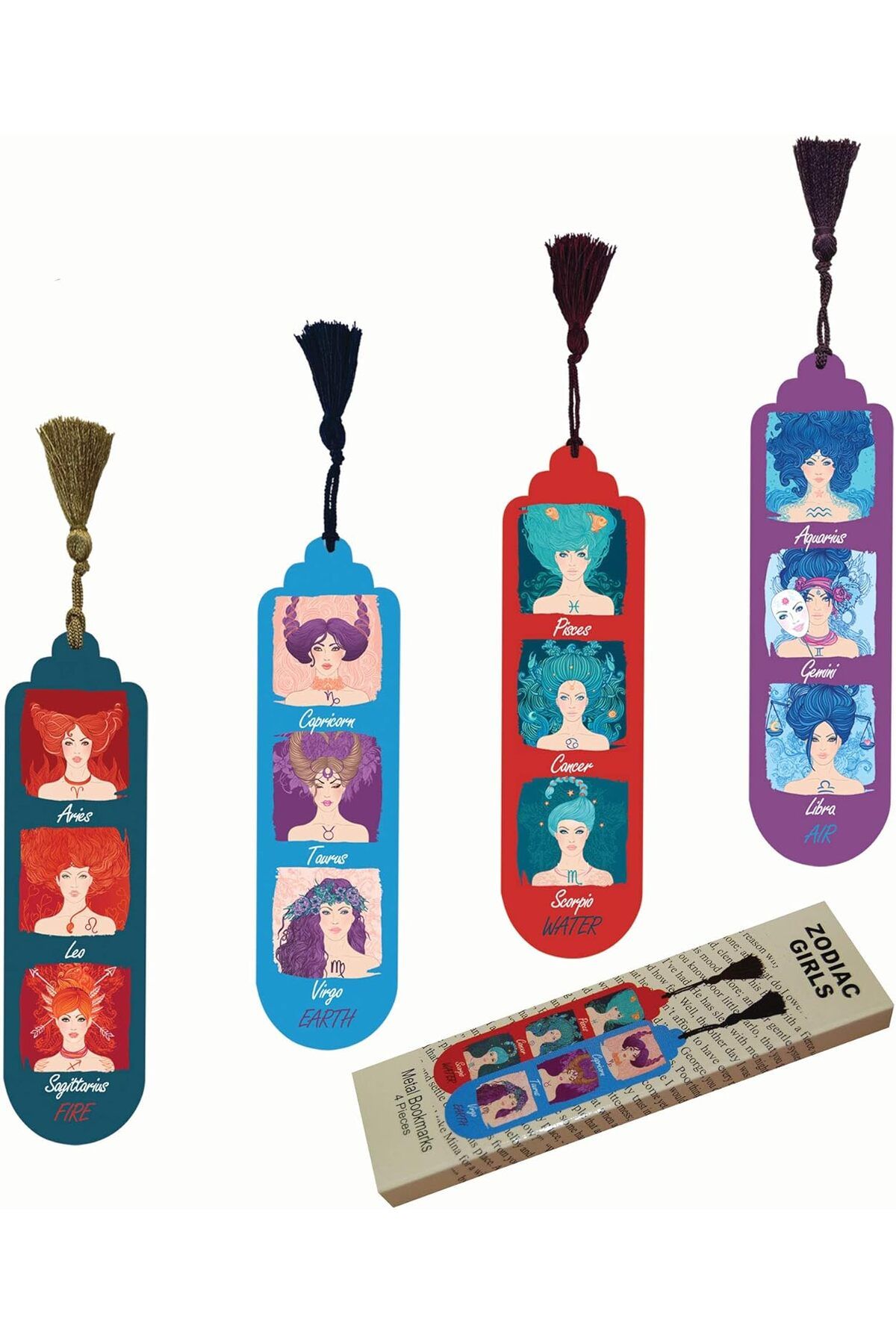 STOREMAX Gift Hediyelik Metal Püsküllü Kitap Ayracı Seti (Zodiac girls) 4 Adet  Etiket