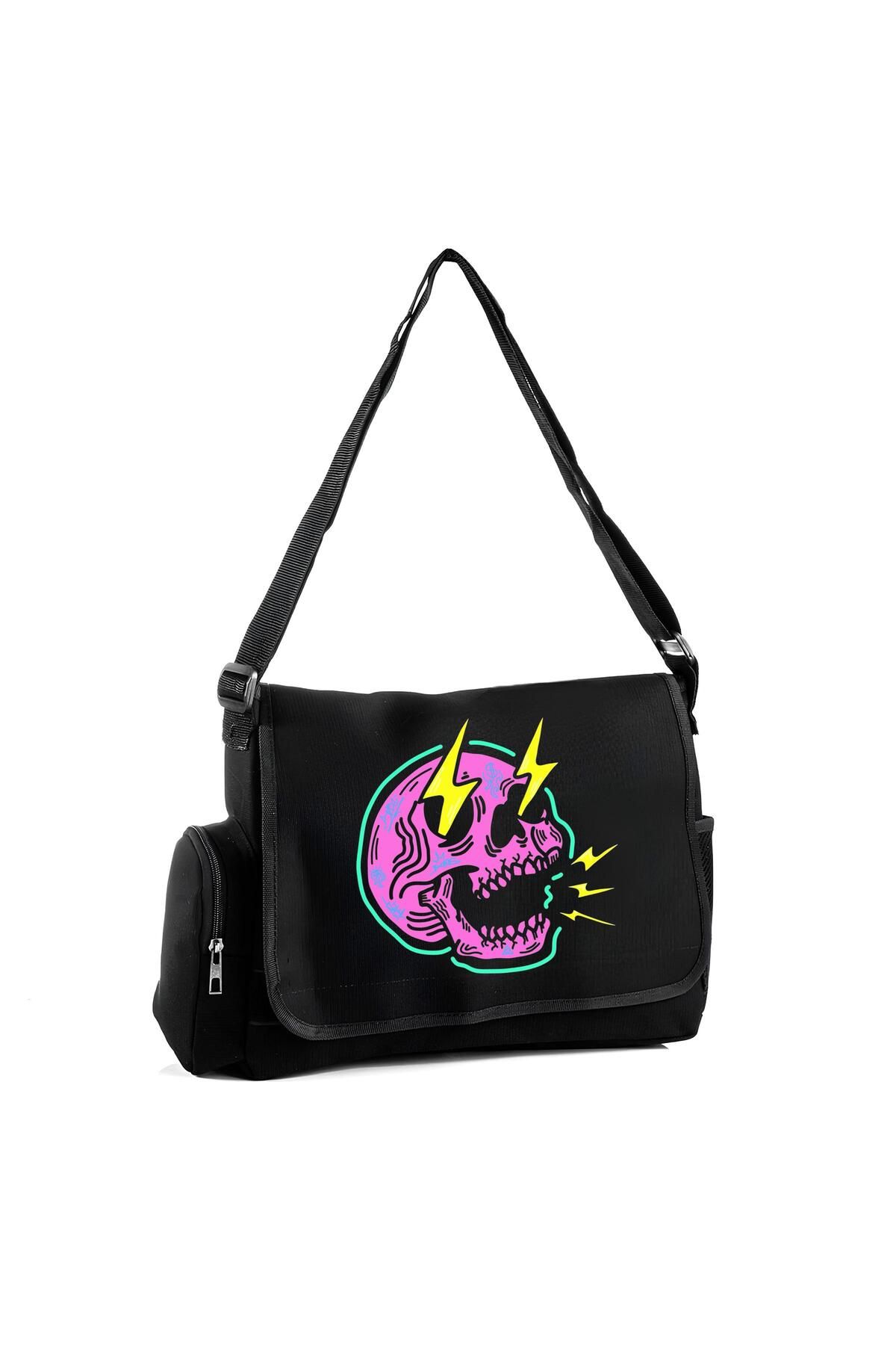 DEEFWEAR Purple Skull with Lightning Eyes Baskılı Unisex Cep Detaylı Postacı Çantası