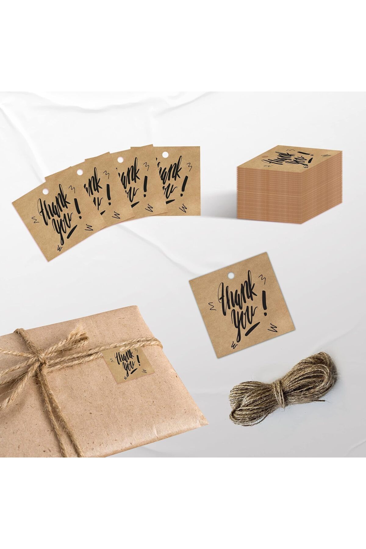 STOREMAX Thank You Kraft Paketleme Etiketleri - 100 Adet Kraft Etiket Jut İple Birlikte - 4,5 * 4,