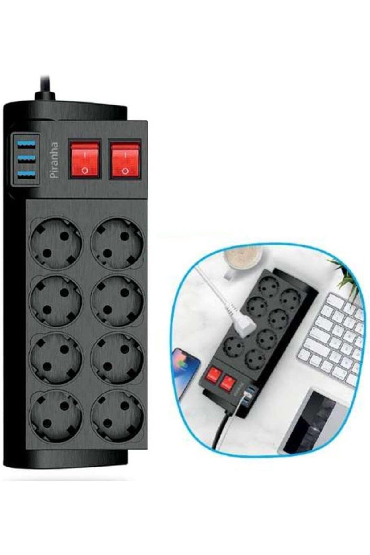 MCreative Isıya Dayanıklı Termal Akım Korumalı 2 Metre 16A 4000W 8li Priz ve 3 Usb Li Uzatma Kablosu