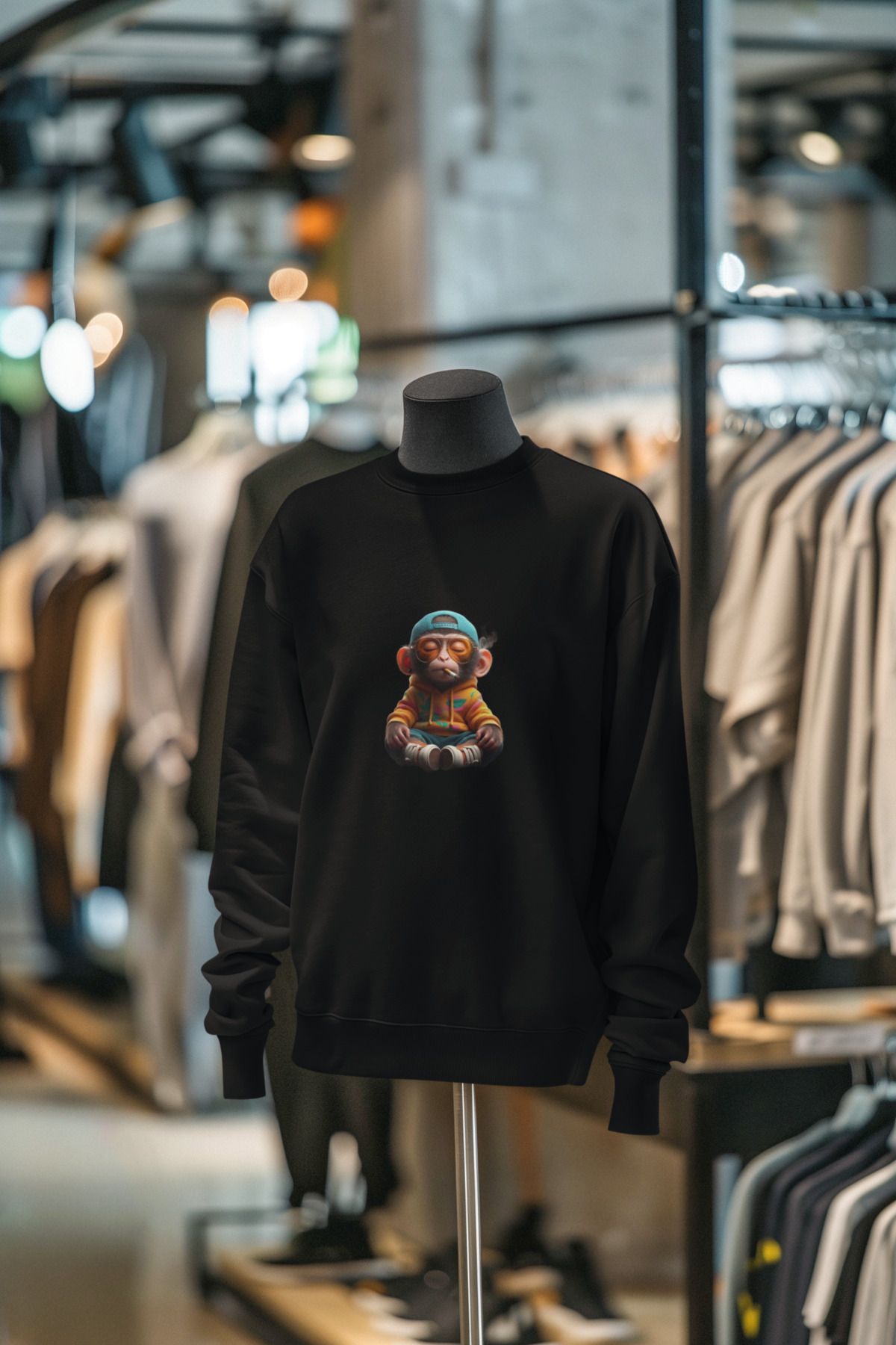 MAGORS GLASSED MONKEY BASKILI UNISEX PAMUKLU UZUN KOLLU ŞARDONLU 3 İPLİK BİSİKLET YAKA SWEATSHIRT