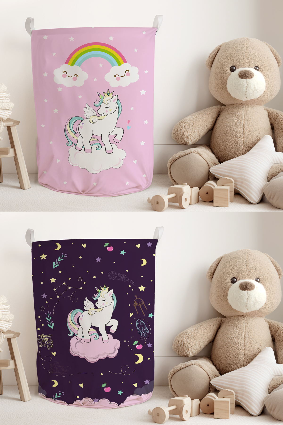 Unicorn Patterned Pink-Purple 2 PCS Children's Room Toy or Dirty Basket TLACS-170