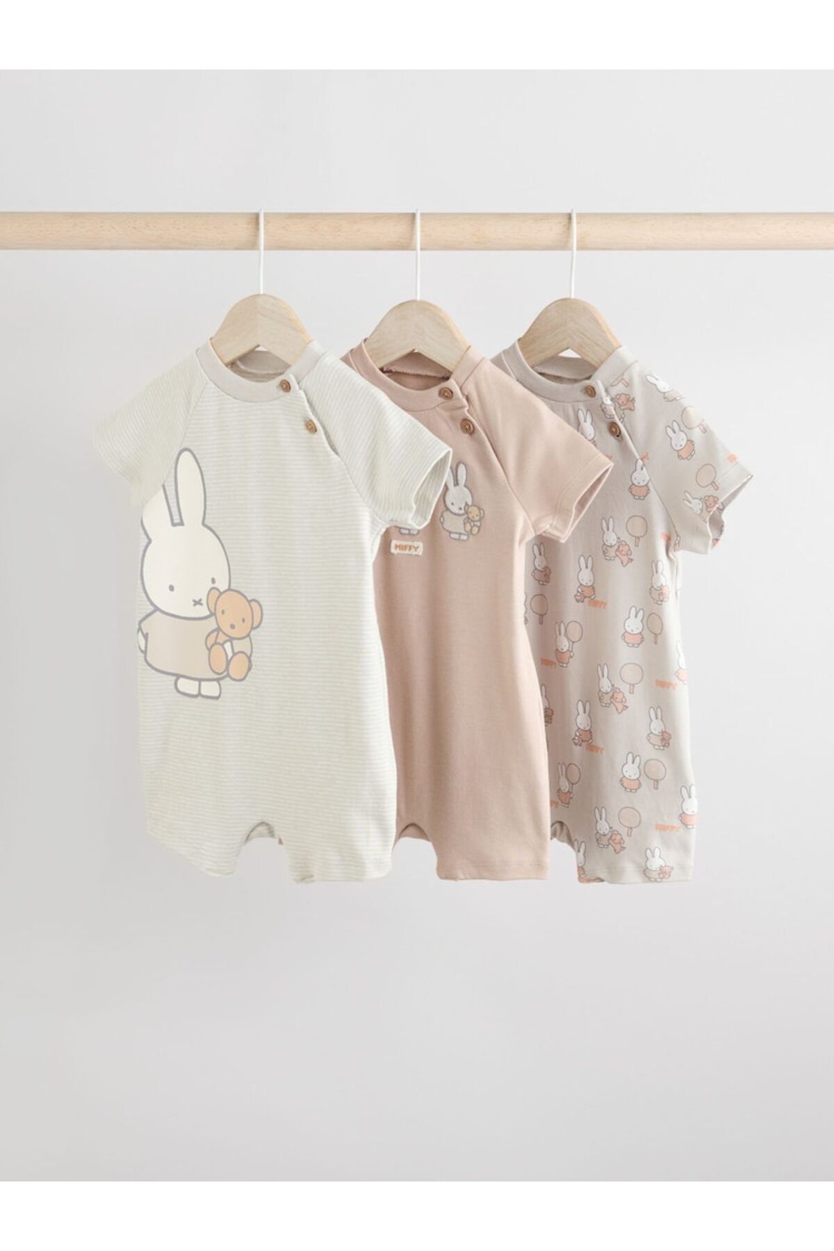 Next Baby 100% Cotton Cream Beige Rabbit Patterned 3-Piece Romper Set