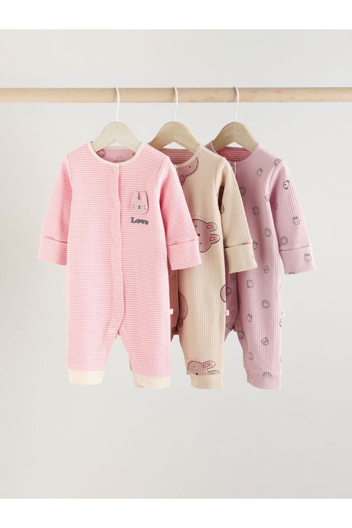 Next Baby 100% Cotton Pink Rabbit Patterned 3-Piece Sleepsuits