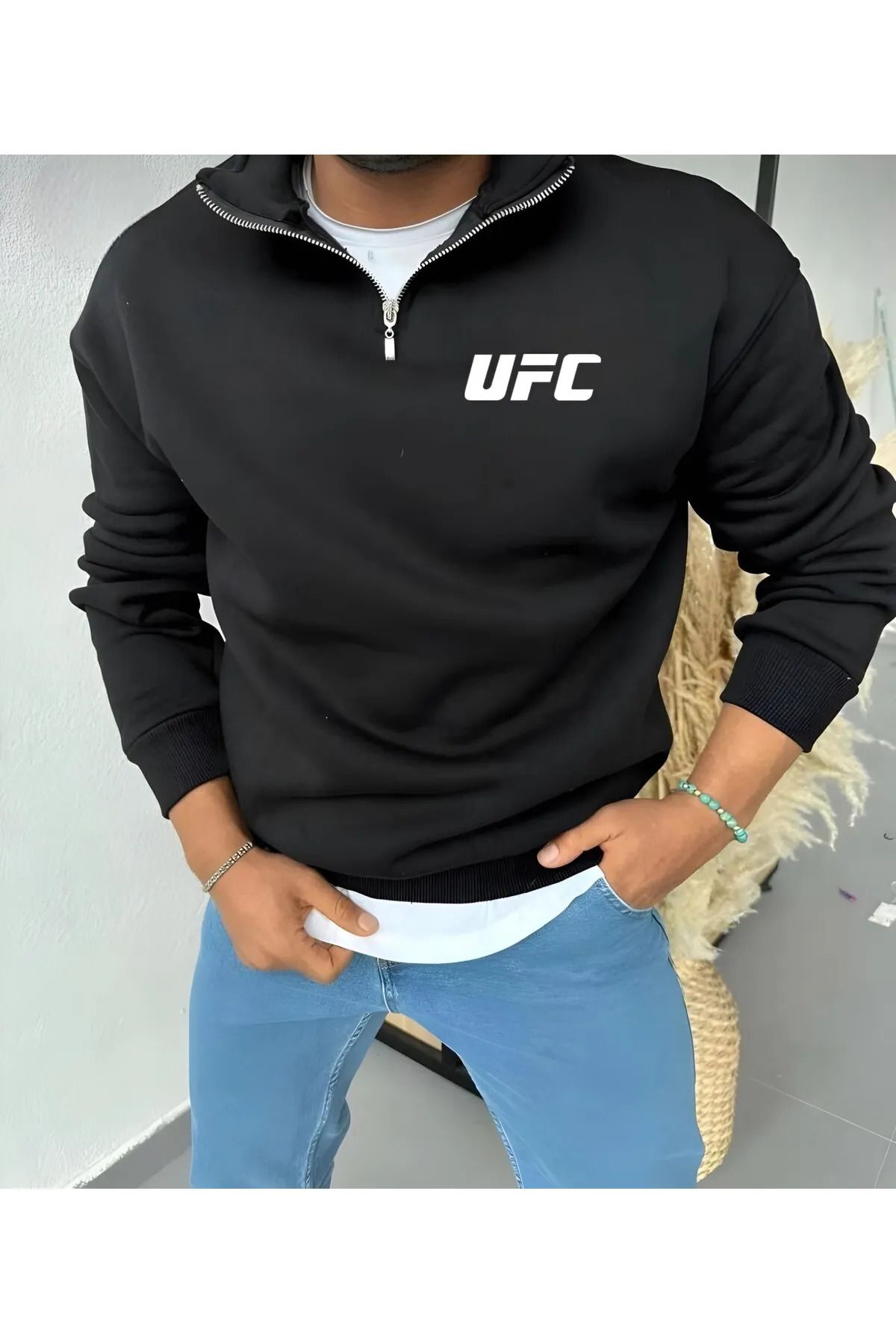 TEXTURA Yeni Sezon UFC Baskılı Dik Yakalı Yarım Fermuarlı Siyah Pamuklu Sweatshirt