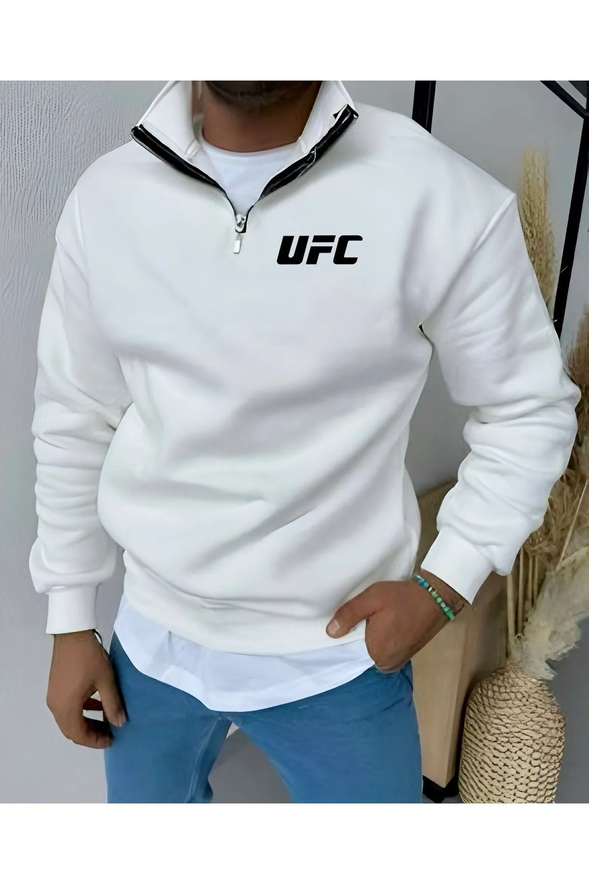 TEXTURA Yeni Sezon UFC Baskılı Dik Yakalı Yarım Fermuarlı Beyaz Pamuklu Sweatshirt