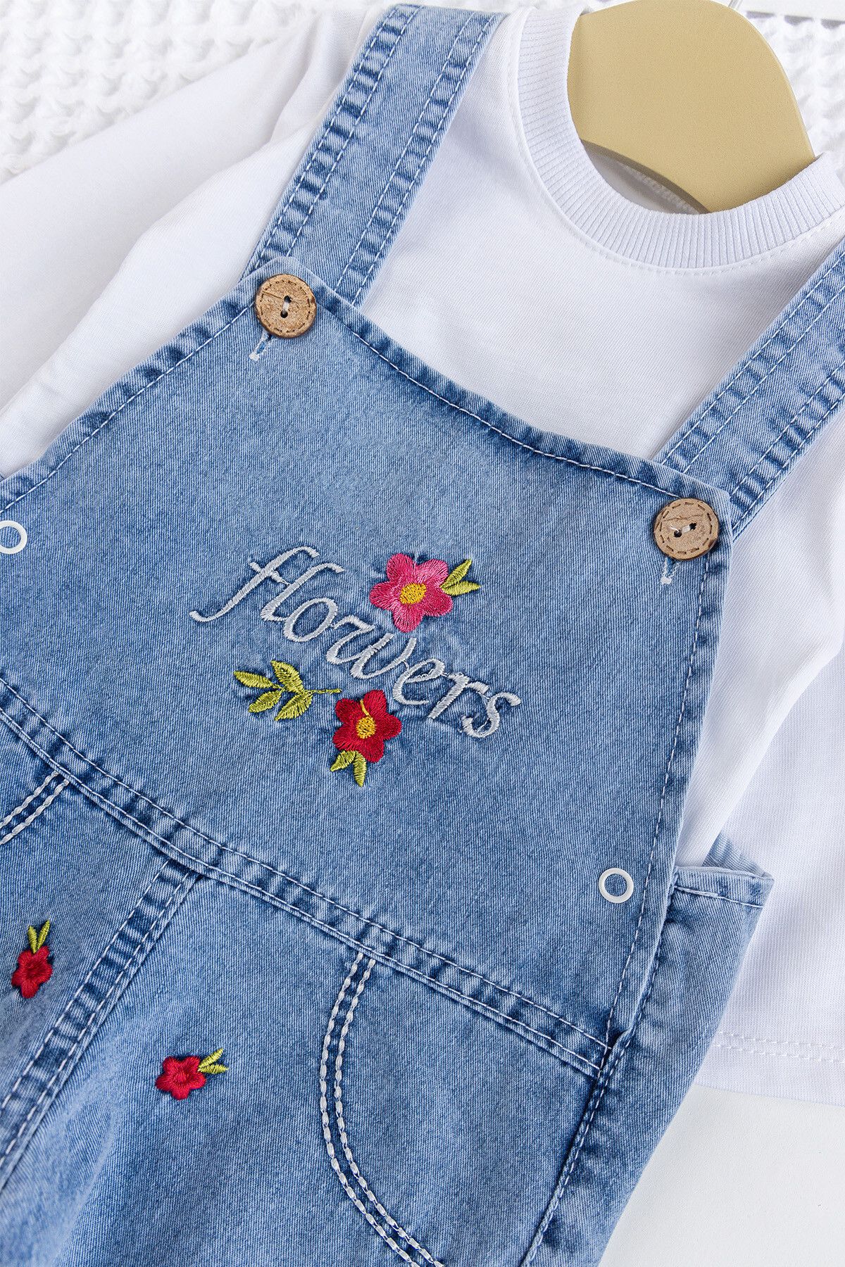 Babymod-Baby Girl Floral Embroidered Cotton 2-Piece Denim Stylish Jeans Overalls Set 5