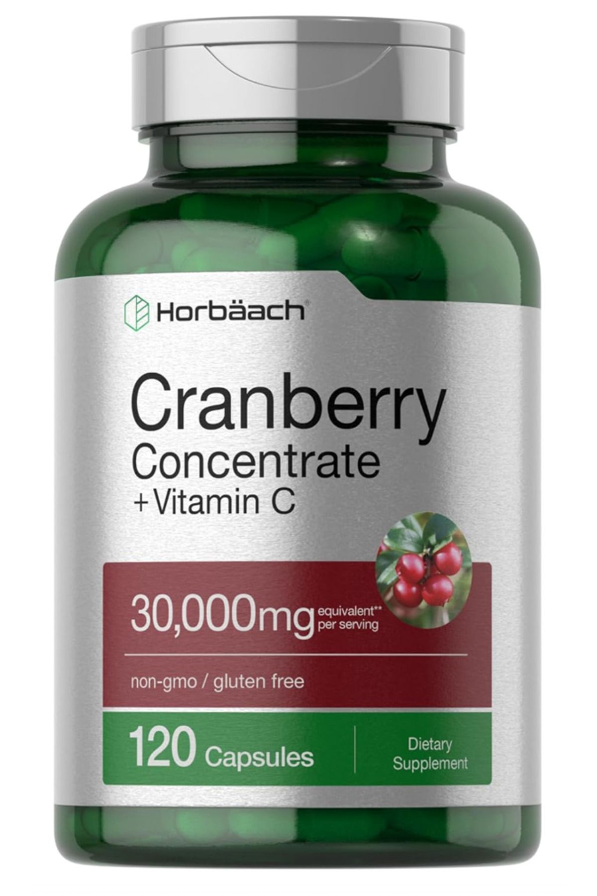 Horbaach Cranberry Concentrate Extract + V.itamin C 30,000mg 120 Capsules Non-GMO and Gluten Free