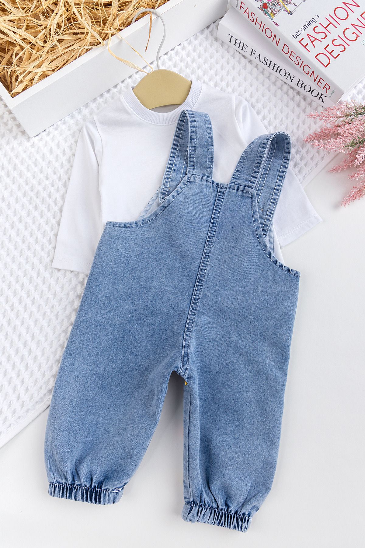 Babymod-Baby Girl Floral Embroidered Cotton 2-Piece Denim Stylish Jeans Overalls Set 3