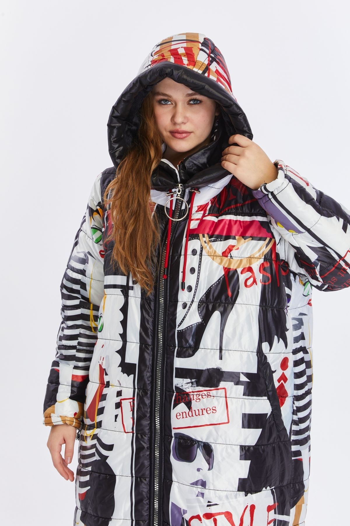 Jacob & Co.-Jacob & Co. Patterned Plus Size Puffy Long Coat 4