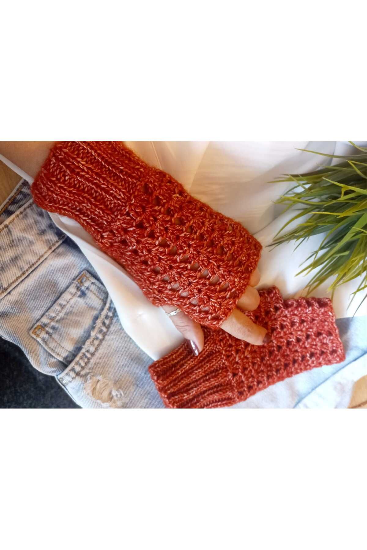 ZeynDesign-Trendy Orange Gray Fingerless Gloves 3
