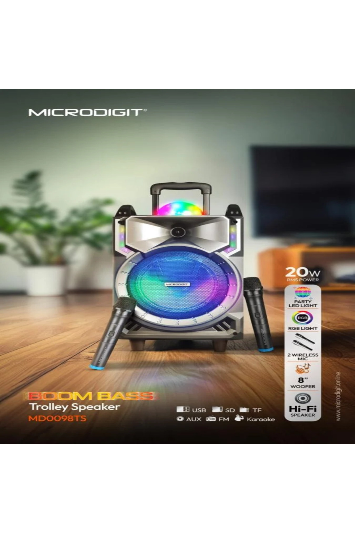 Microdigit-MD0098TS Bluetooth Speaker with 2 Wireless Mics and Remote Control High Volume 3
