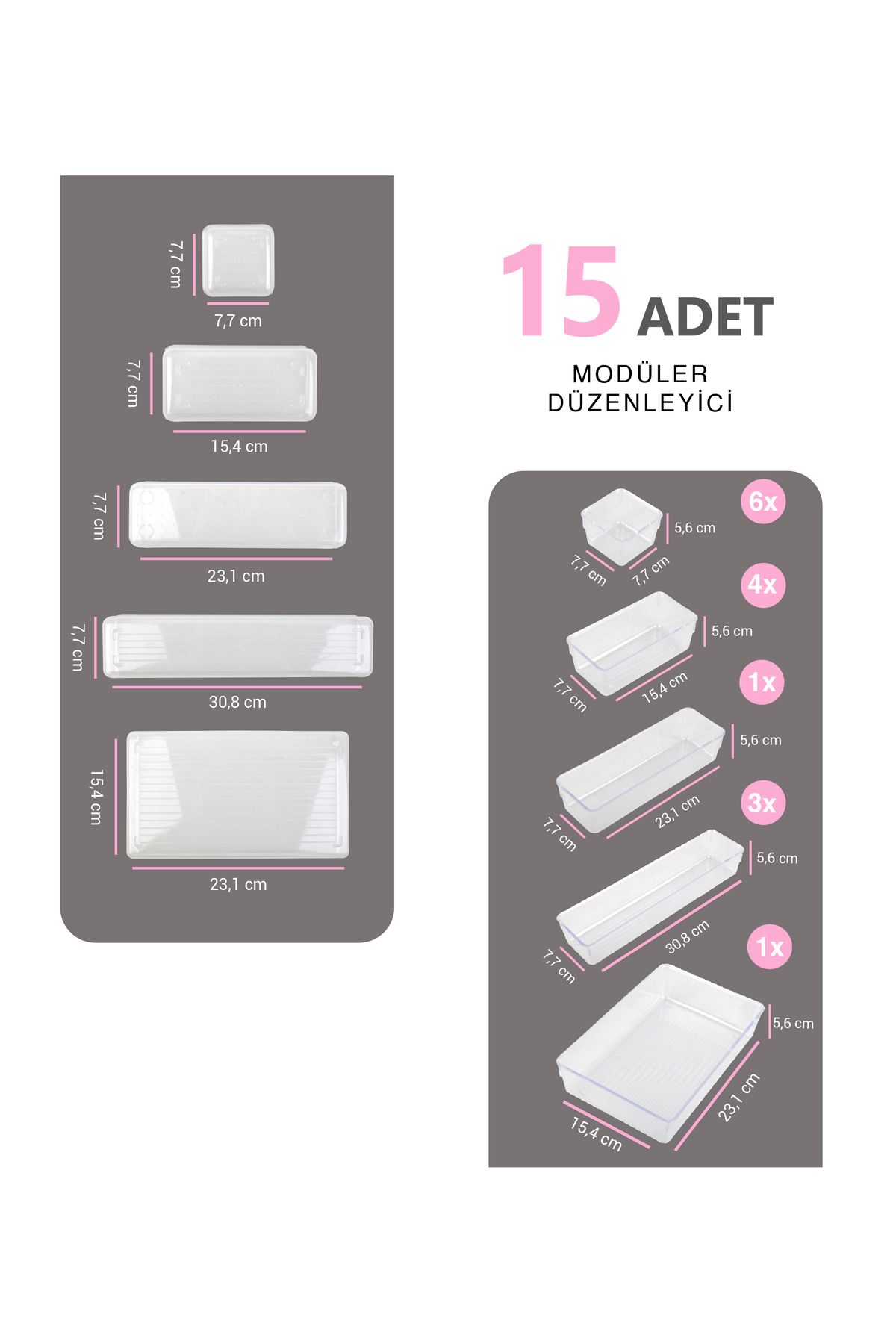 teknotrust Şeffaf 15 Parça Çekmece İçi Düzenleyici Modüler Makyaj ve Takı Organizer
