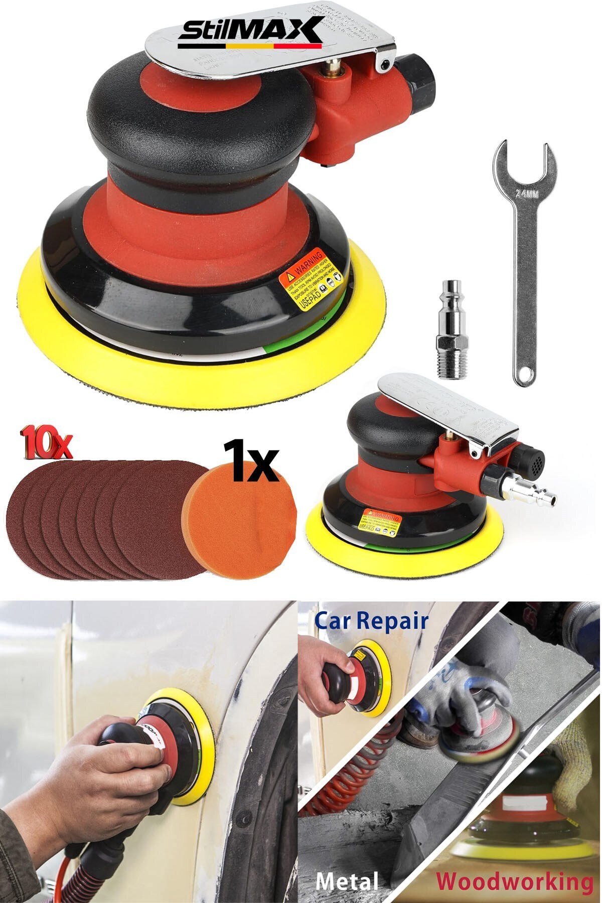 stilmax Çok Fonksiyonlu Çift Yörünge Etkili Havalı Orbital Zımpara Polisaj Makinesi 12000 Devir  x10 Zımpara