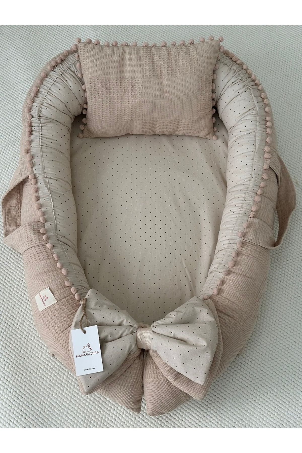 MAMARADUGA % 100 Pamuklu Waffle Pike, Poplin Kumaş Ponponlu Babynest + Yastık Bej Puantiyeli