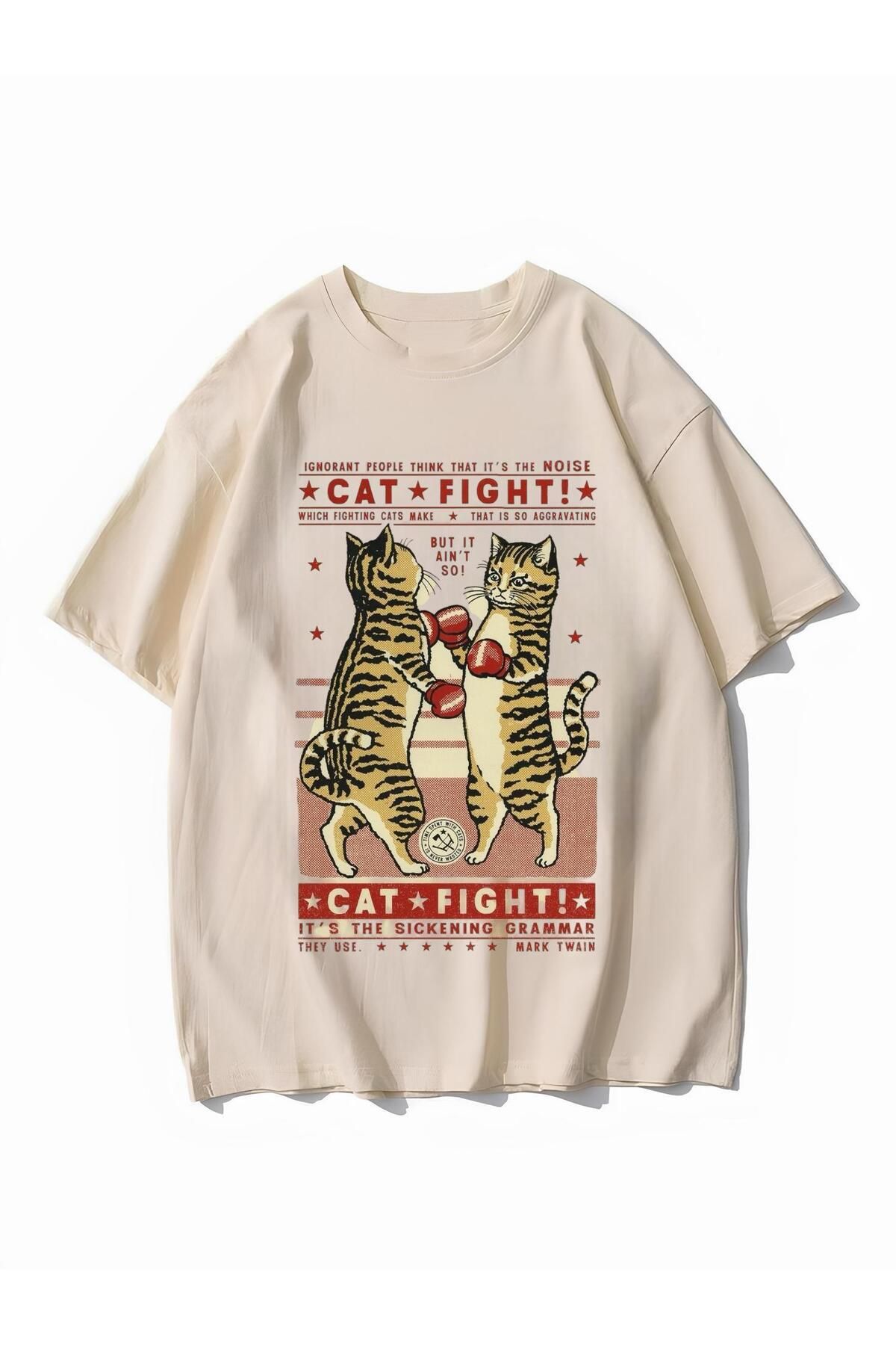 Aesthia Cat Fight Bej Unisex Oversize T-shirt