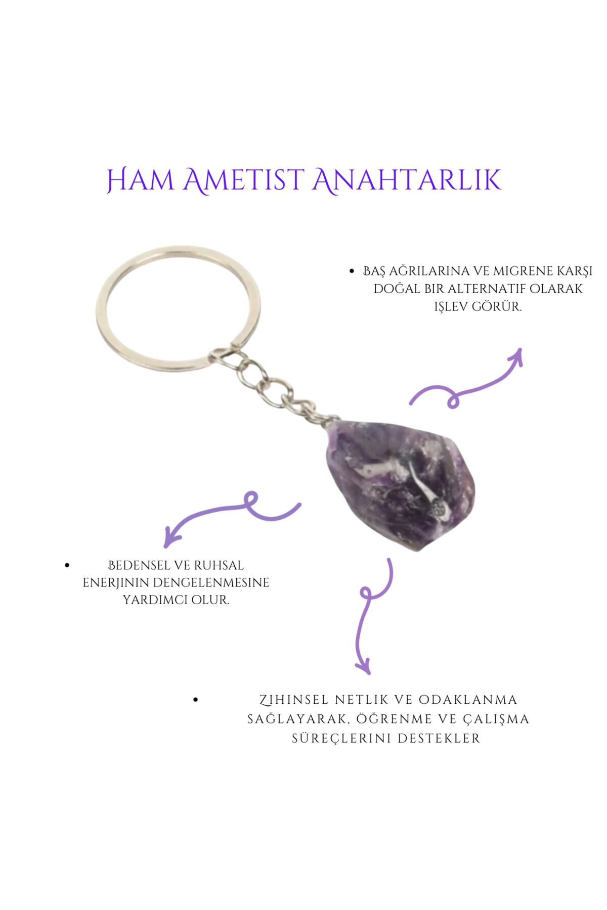 Hazeran accessories Gerçek Ham Ametist Taşlı Anahtarlık