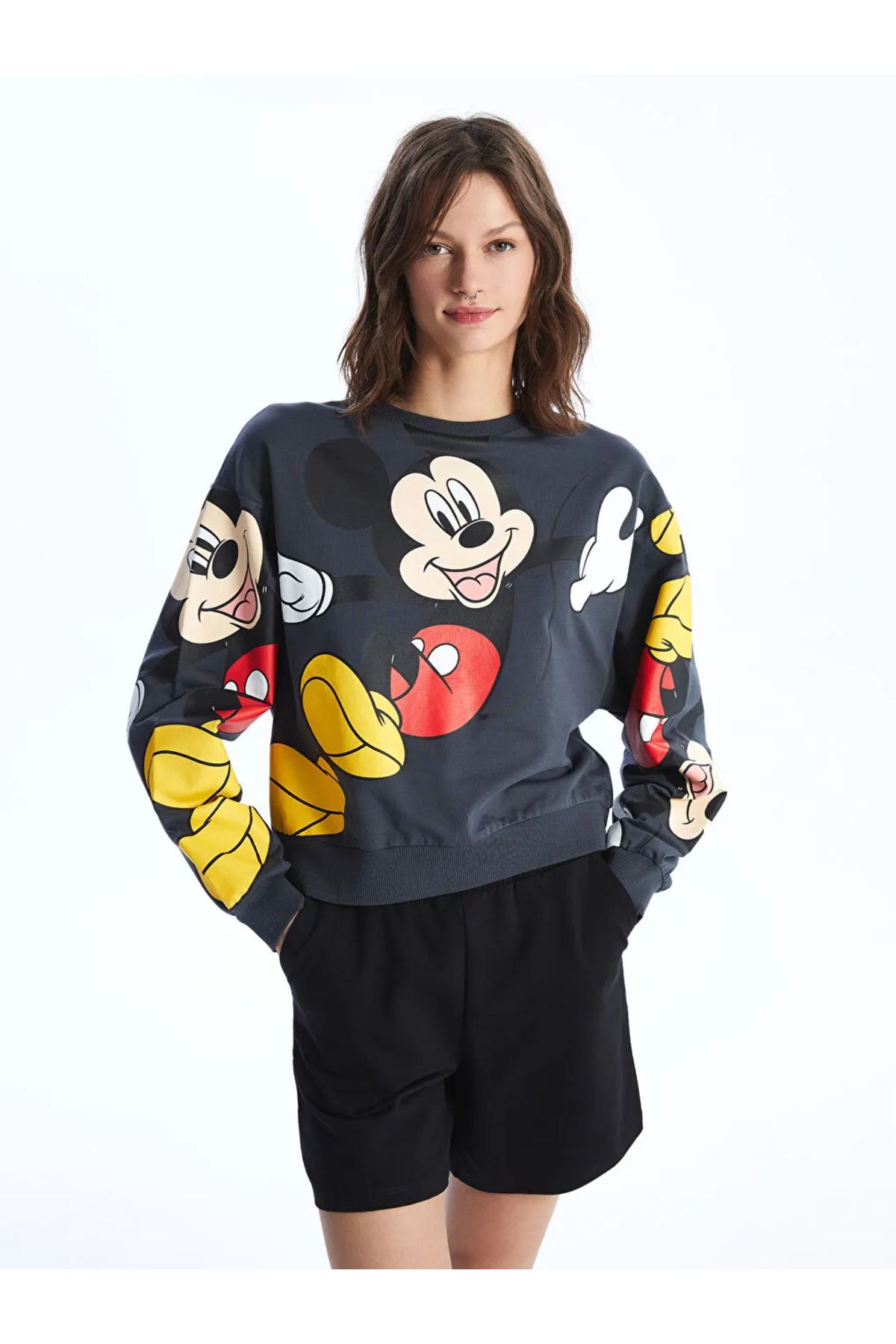 LC Waikiki XSIDE Antrasit Bisiklet Yaka Mickey Mouse Baskılı Uzun Kollu Kadın Sweatshirt