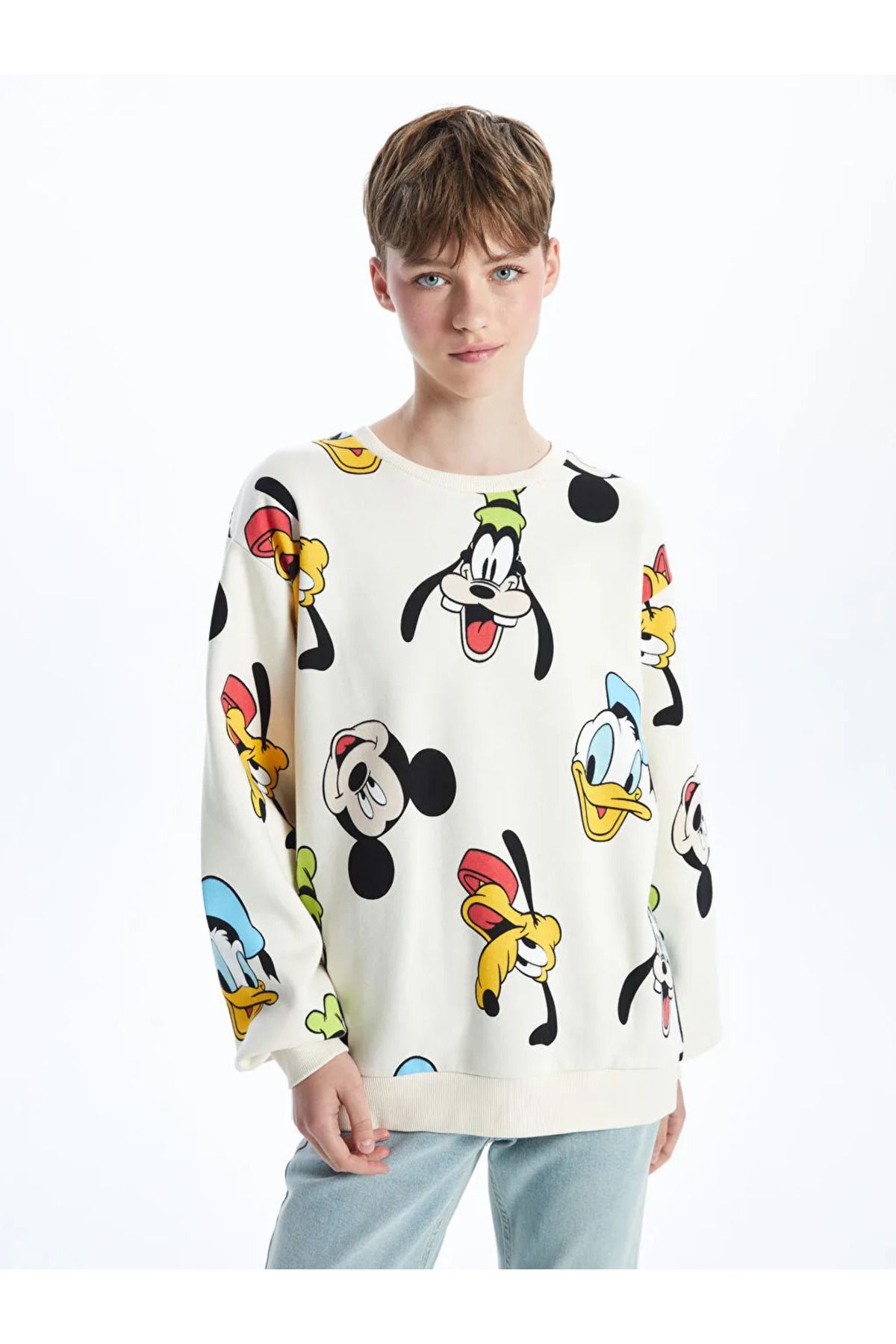 LC Waikiki XSIDE Bej Bisiklet Yaka Mickey ve Arkadaşları Baskılı Oversize Kadın Kalın Sweatshirt