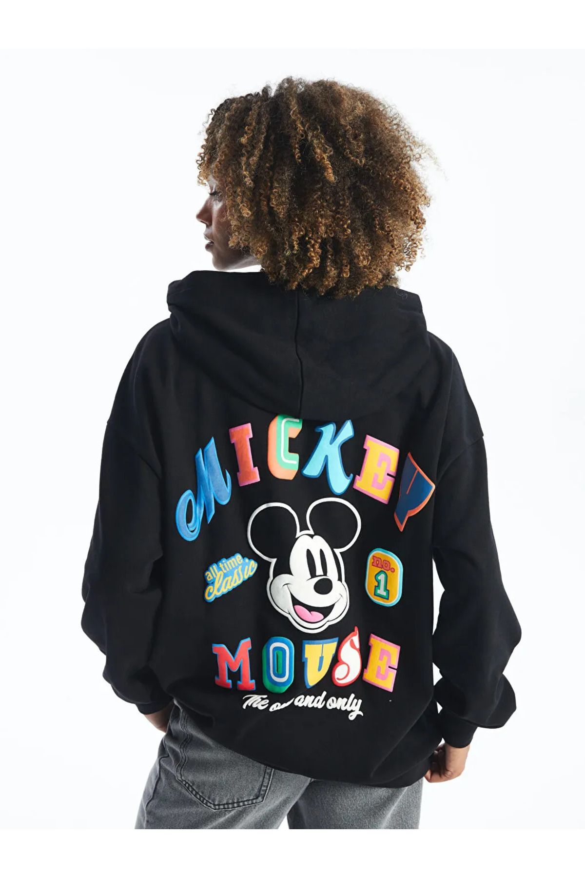 LC Waikiki XSIDE Siyah Mickey Mouse Baskılı Oversize Kadın Kalın Hoodie