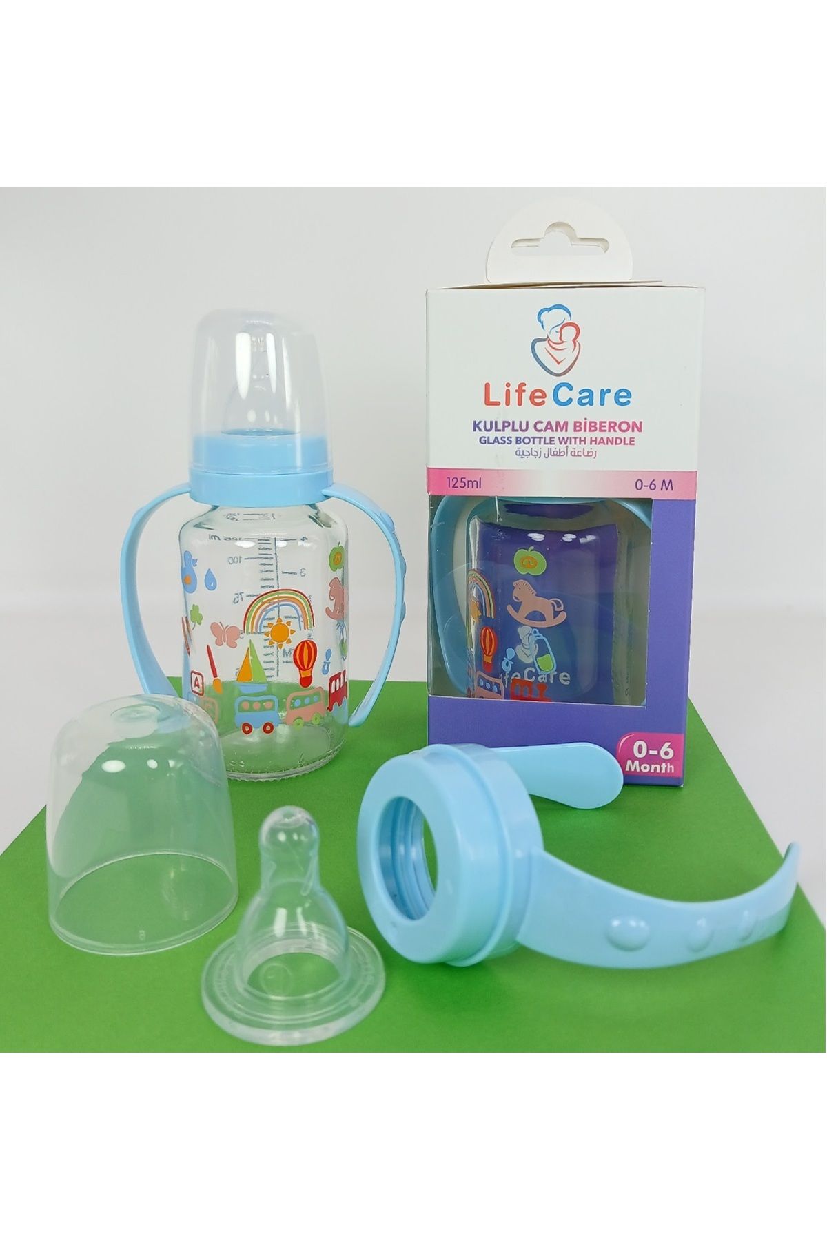 Life Care Kulplu Cam Biberon 125ml mavi