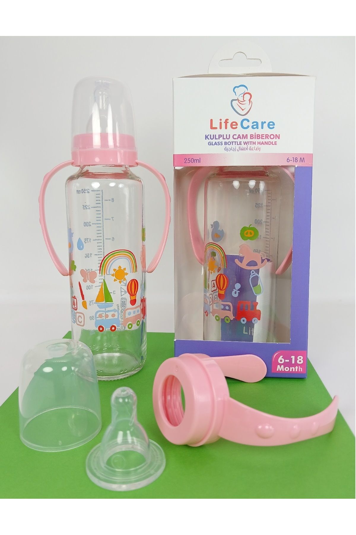 Life Care Kulplu Cam Biberon 250ml pembe