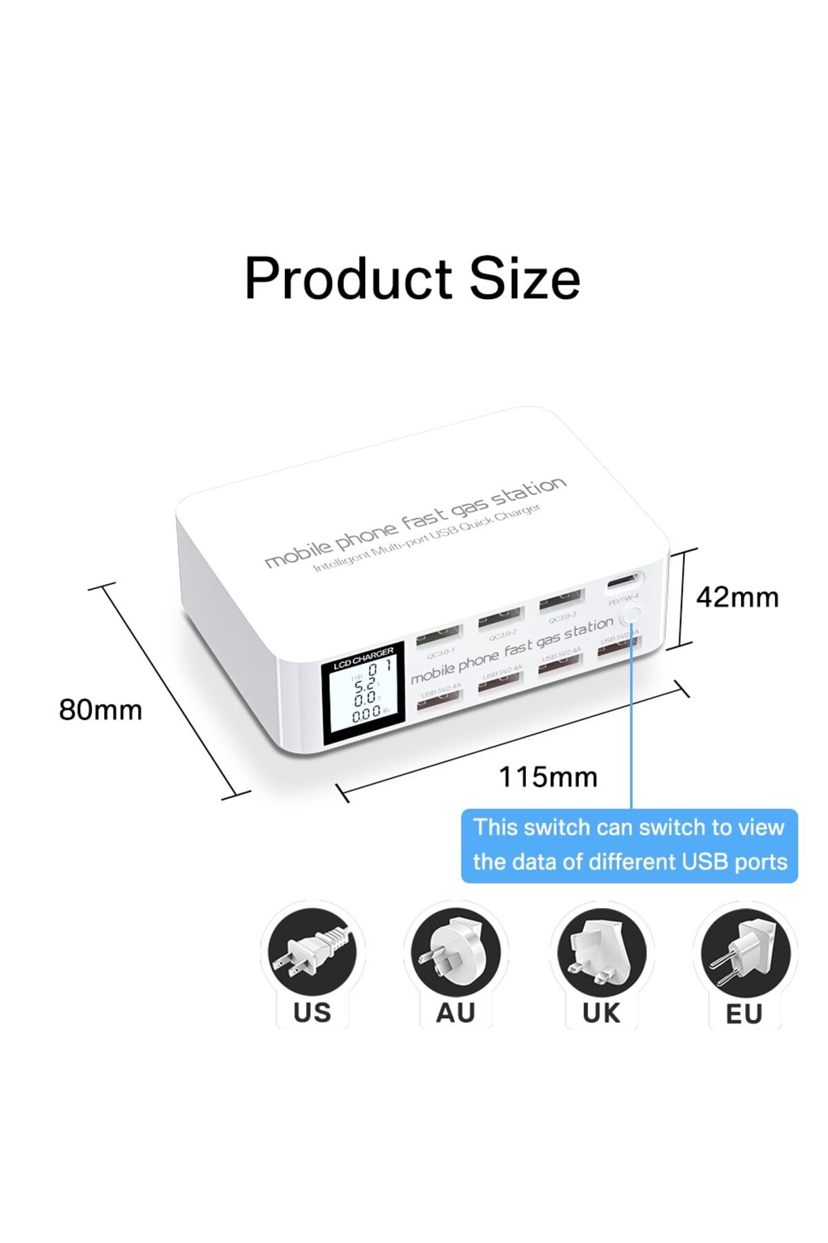 ASOMETECH-US Plug 100W USB Charging Station With 3 QC3.0 Quick Charge USB Port 20W PD USB Type C Port LCD Disp 6