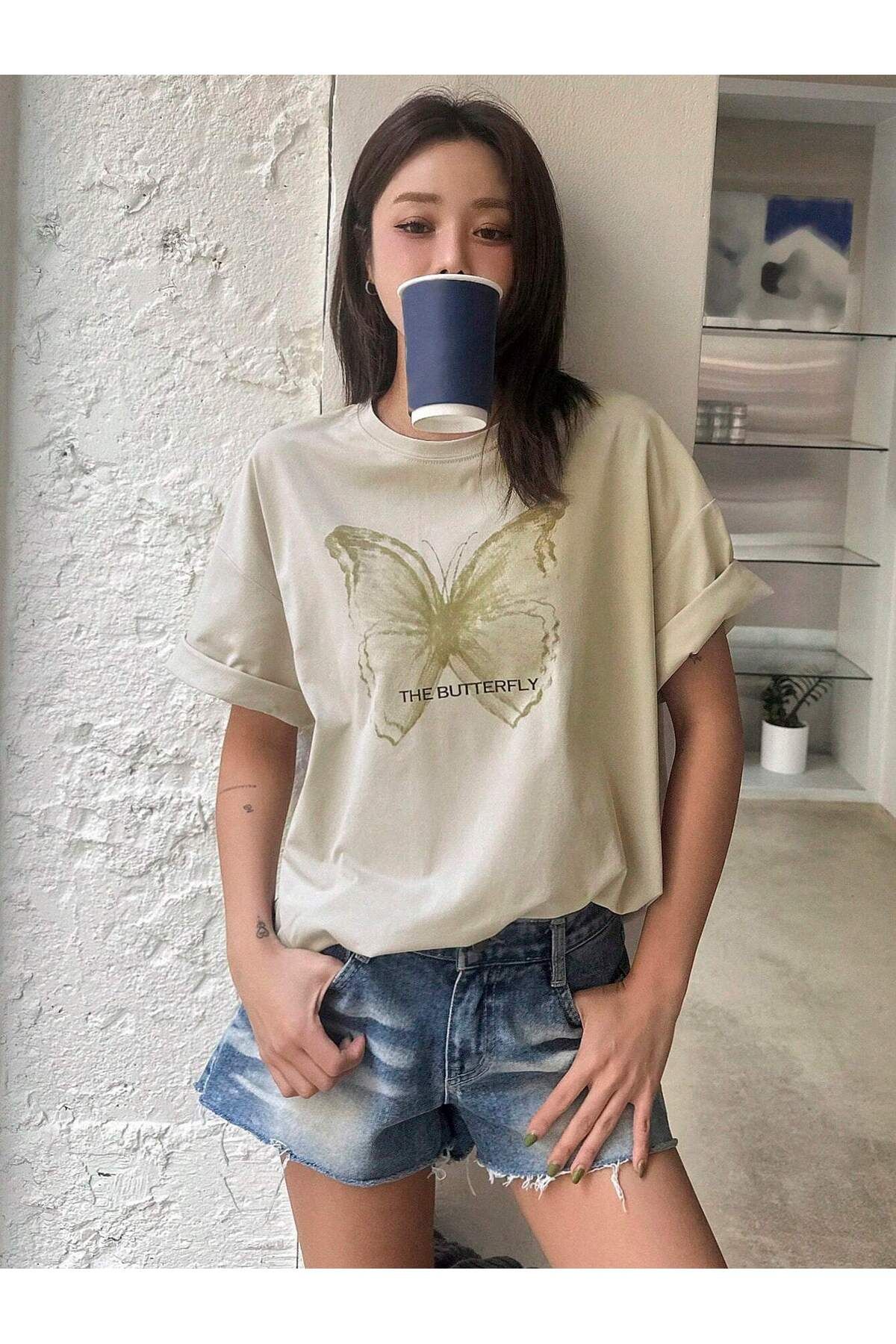 ALİKA Kadın Bej The Butterfly Baskılı Oversize T-Shirt