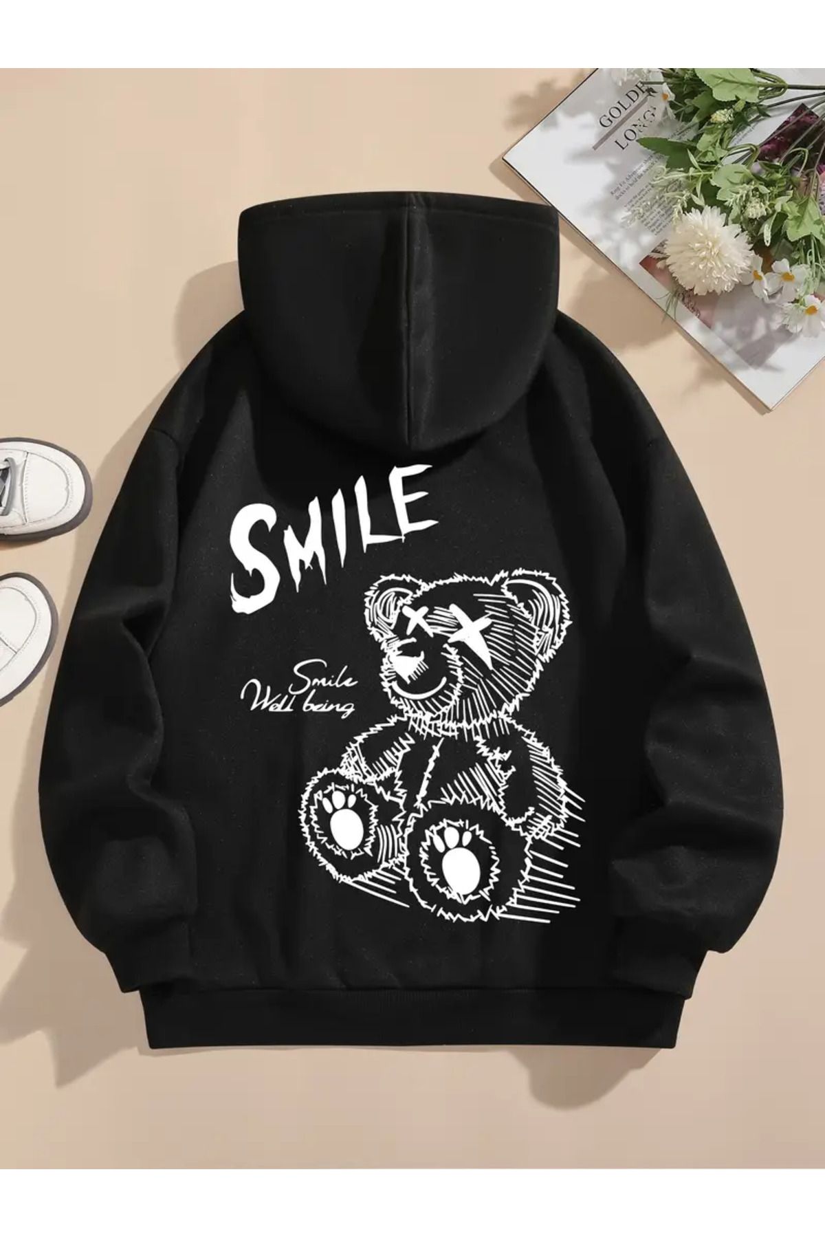 Pink Sky SMILE Baskılı Siyah Kapüşonlu  Sweatshirt Oversize Unisex Kalın Kışlık