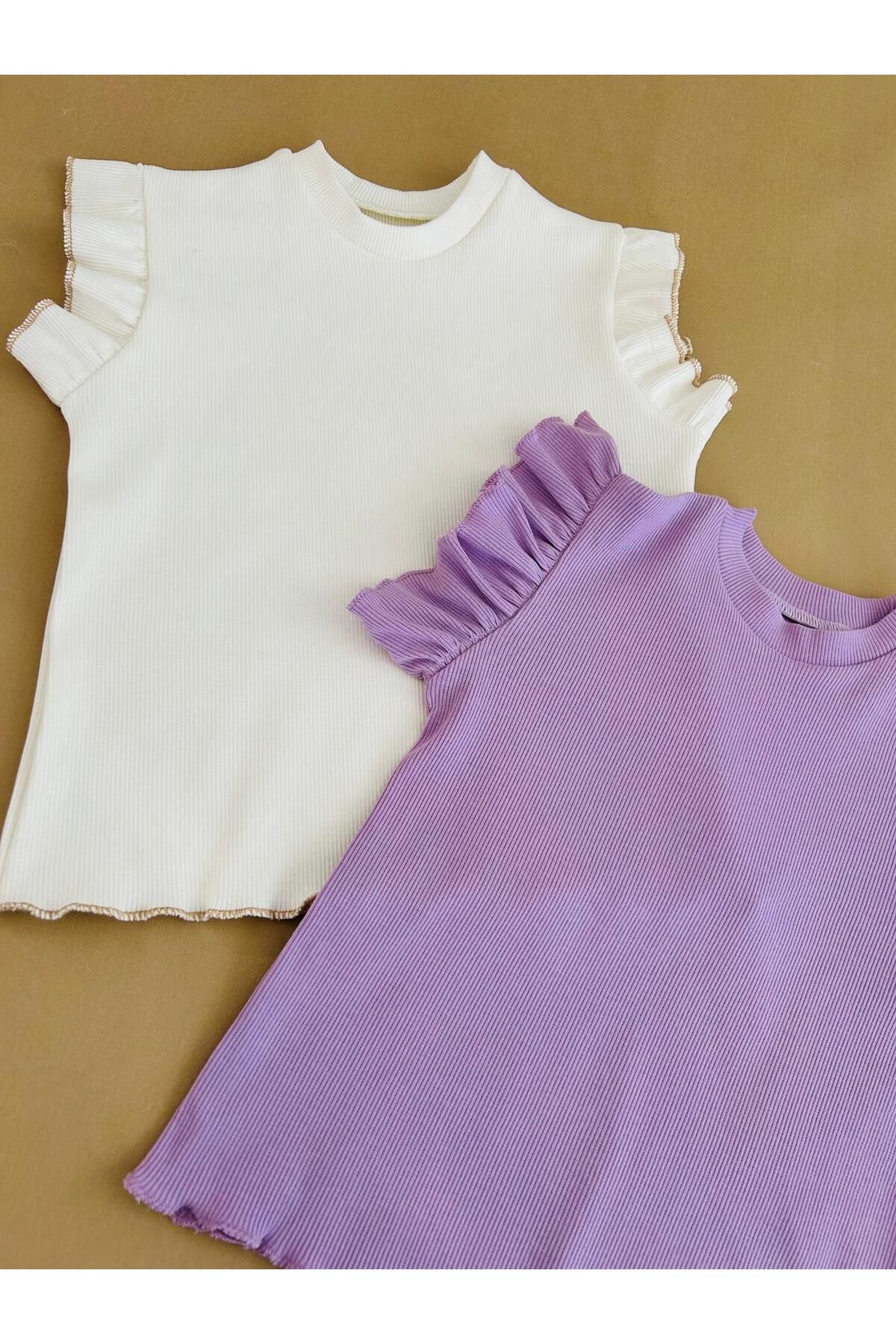 eymwes-Baby Girl Ruffled Zero Sleeve Stretchy Camisole Ribbed Fabric Summer Badi Set of Two 2