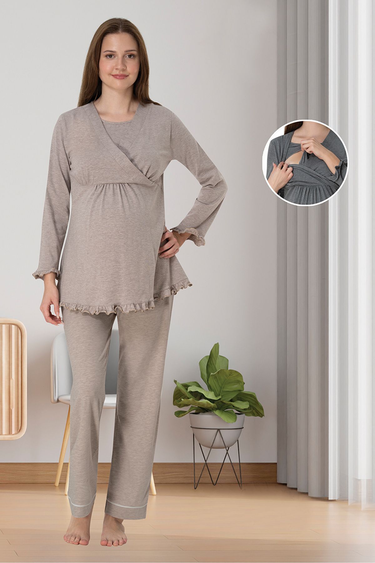 lohusahamile Pijama De Maternitate Bej Cu Caracteristică Pentru Alăptare Femeie - M
