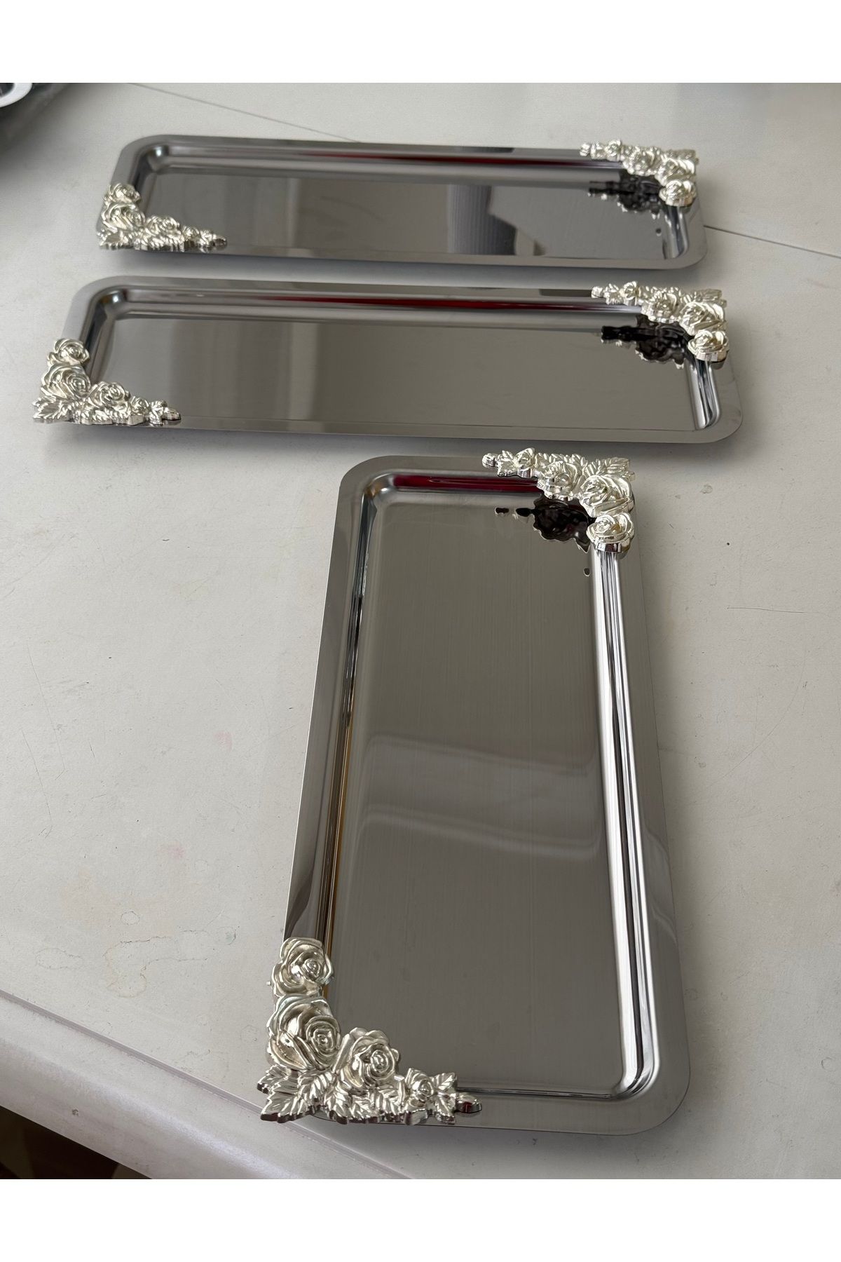 SEVA ÇELİK-Steel Rectangular 3 Pieces Presentation Tablet with Double Silver Accessories 3