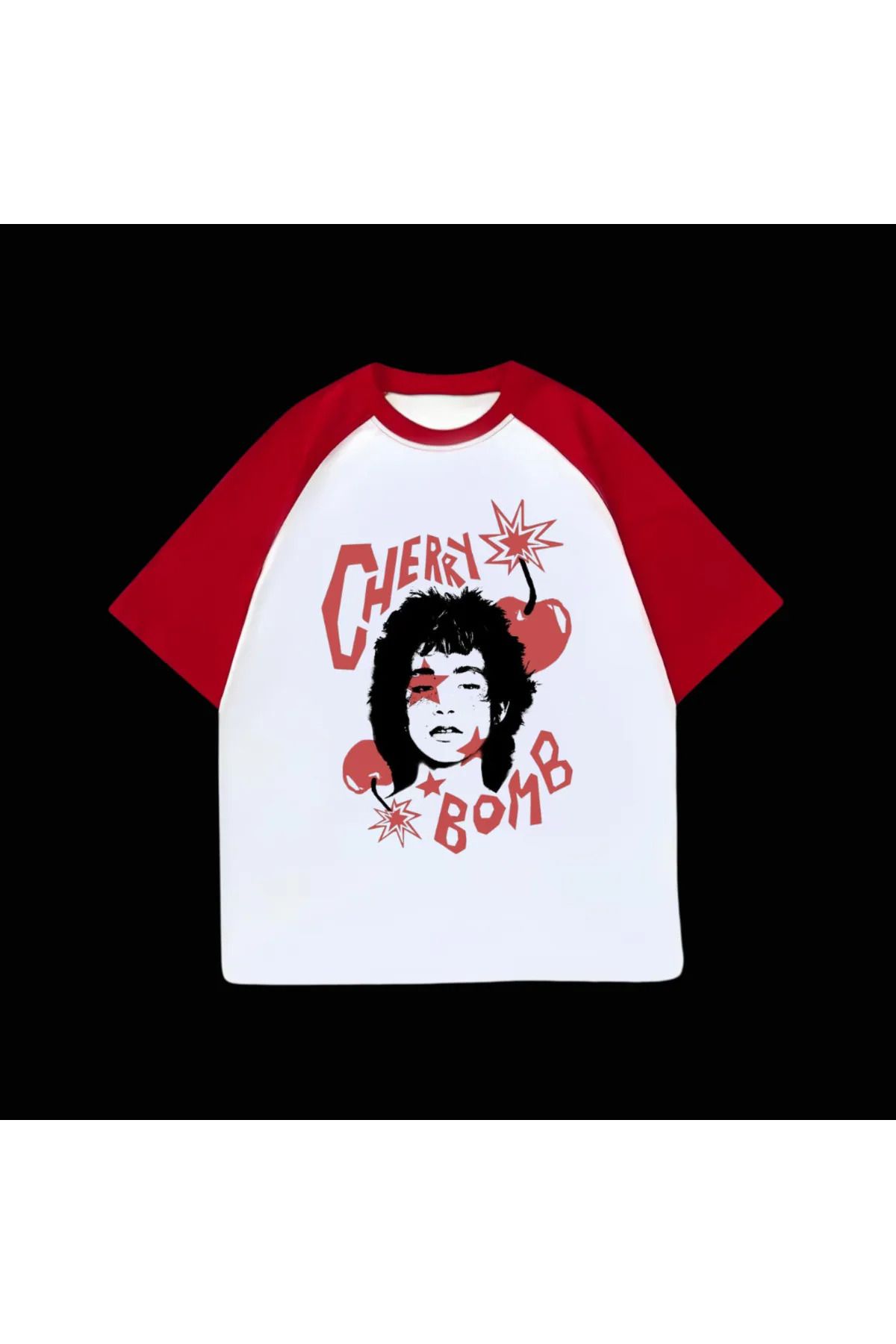 Gofeel Beyaz Unisex Kırmızı Reglan Cherry Bomb T-Shirt