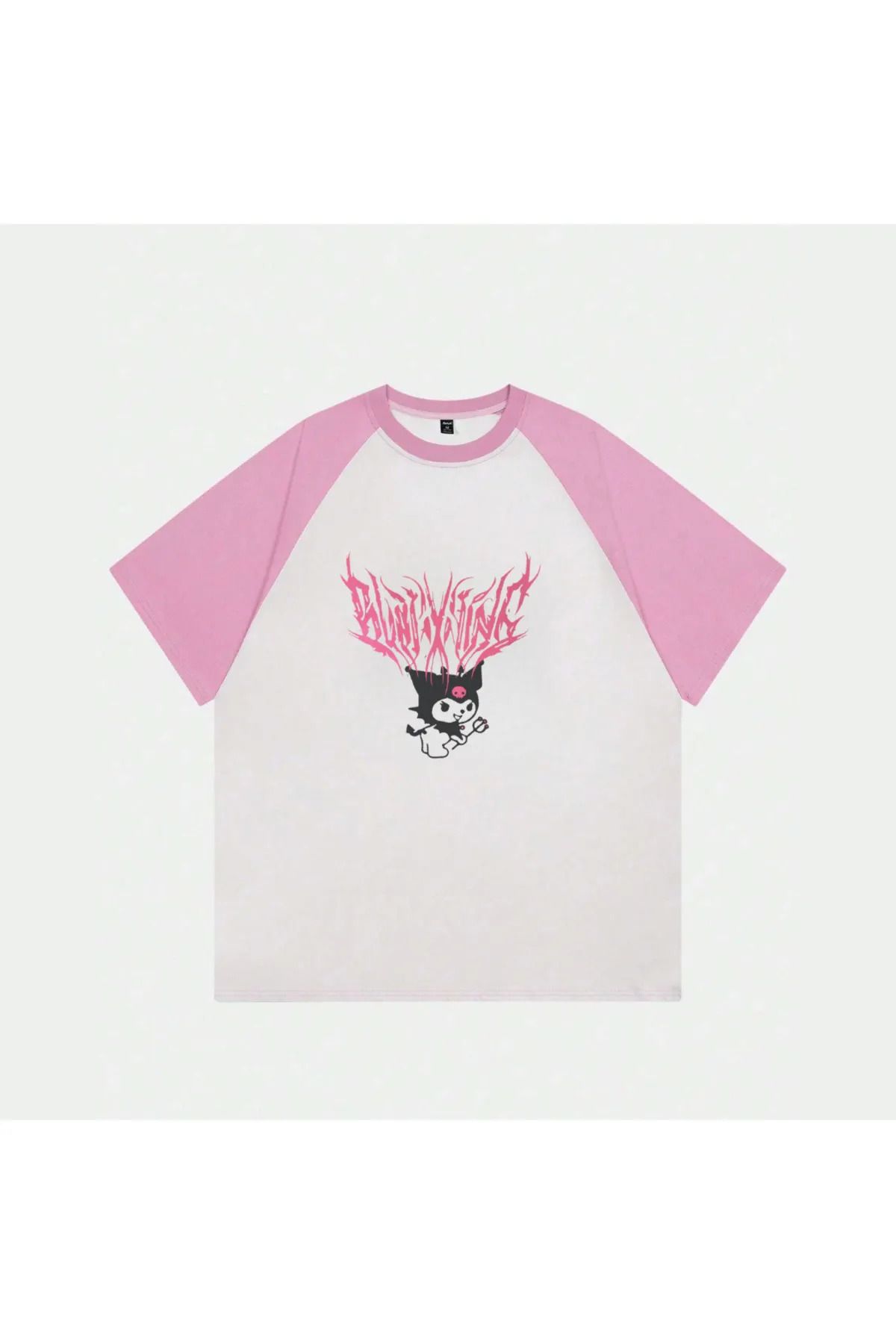 Gofeel Beyaz Unisex Pembe Reglan Kuromi T-Shirt