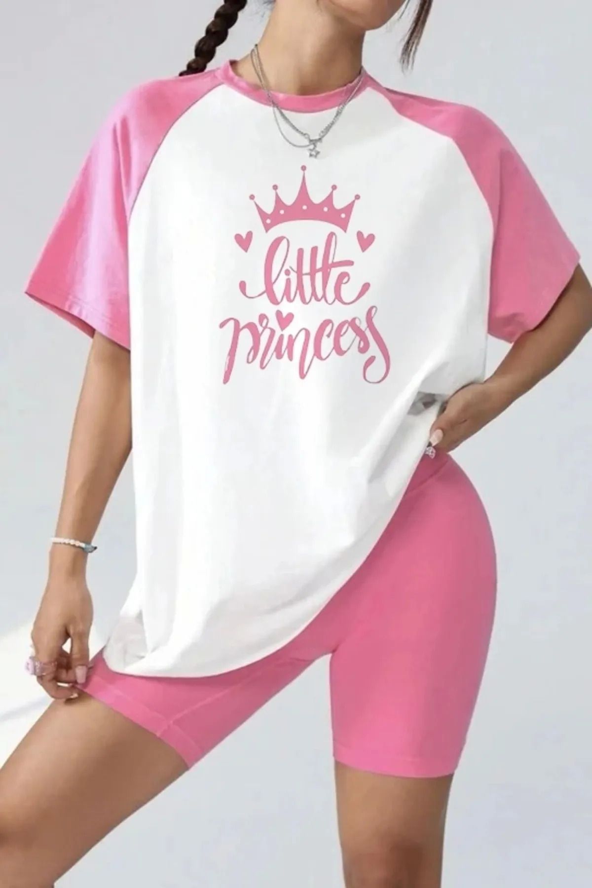 Gofeel Pembe Beyaz Reglan Kollu Little Princess Baskılı T-Shirt