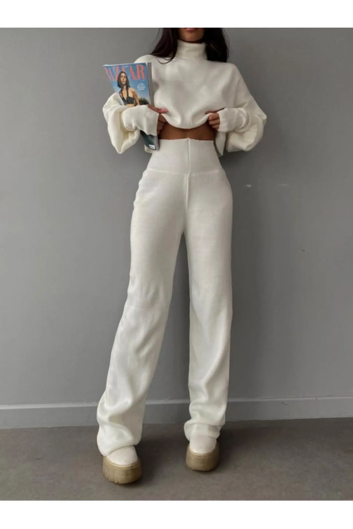 LAJESTE Pulover Cu Gât Țesut Și Pantaloni Tricotați Cu Talie Înaltă - Set Crop Hand-tilt Antresite Femeie - S/M